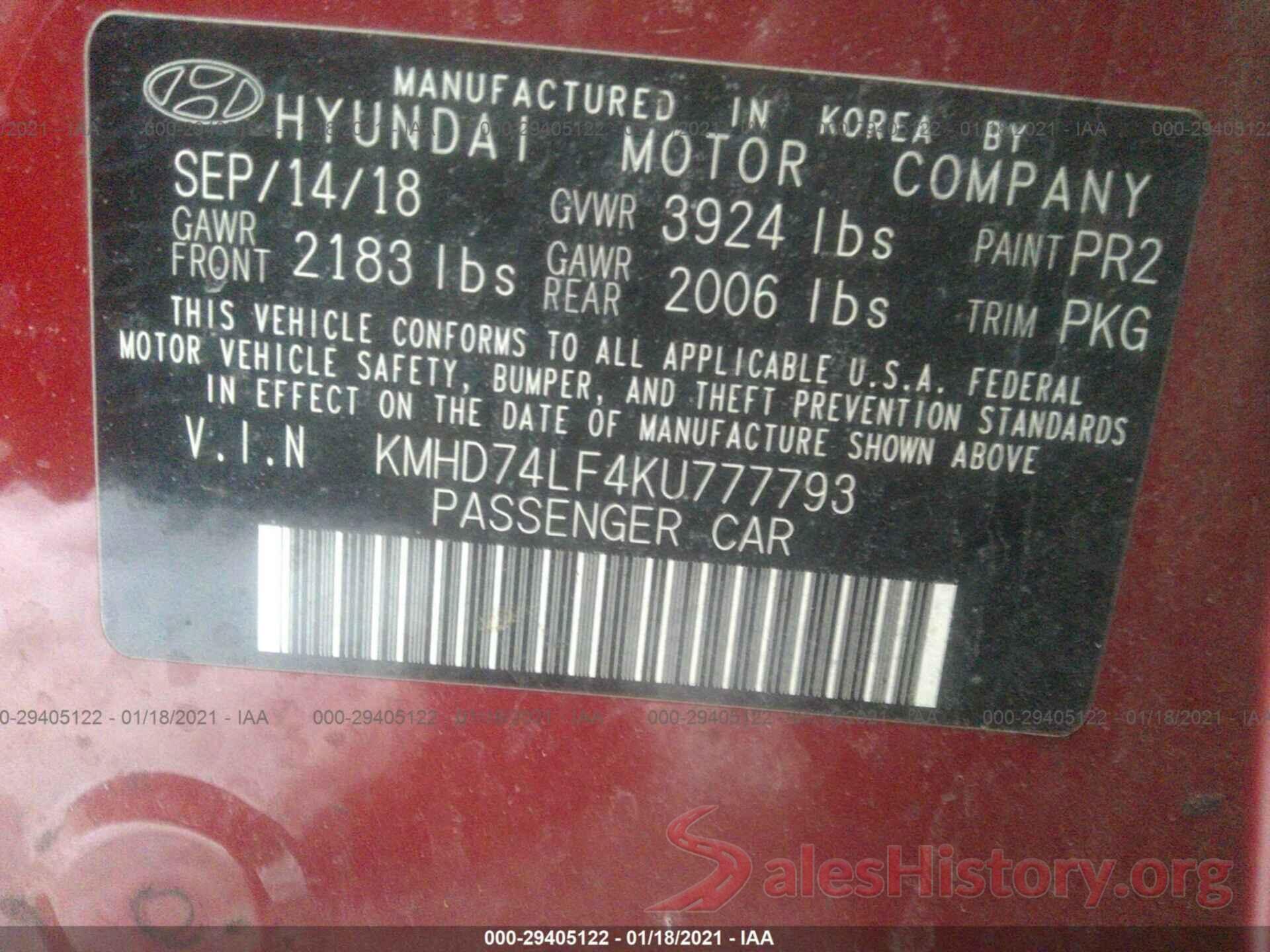 KMHD74LF4KU777793 2019 HYUNDAI ELANTRA