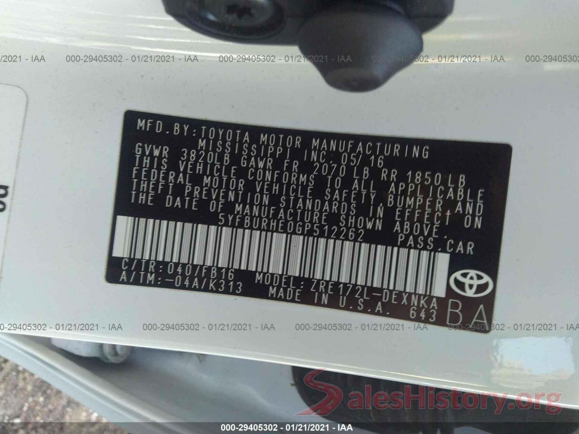 5YFBURHE0GP512262 2016 TOYOTA COROLLA