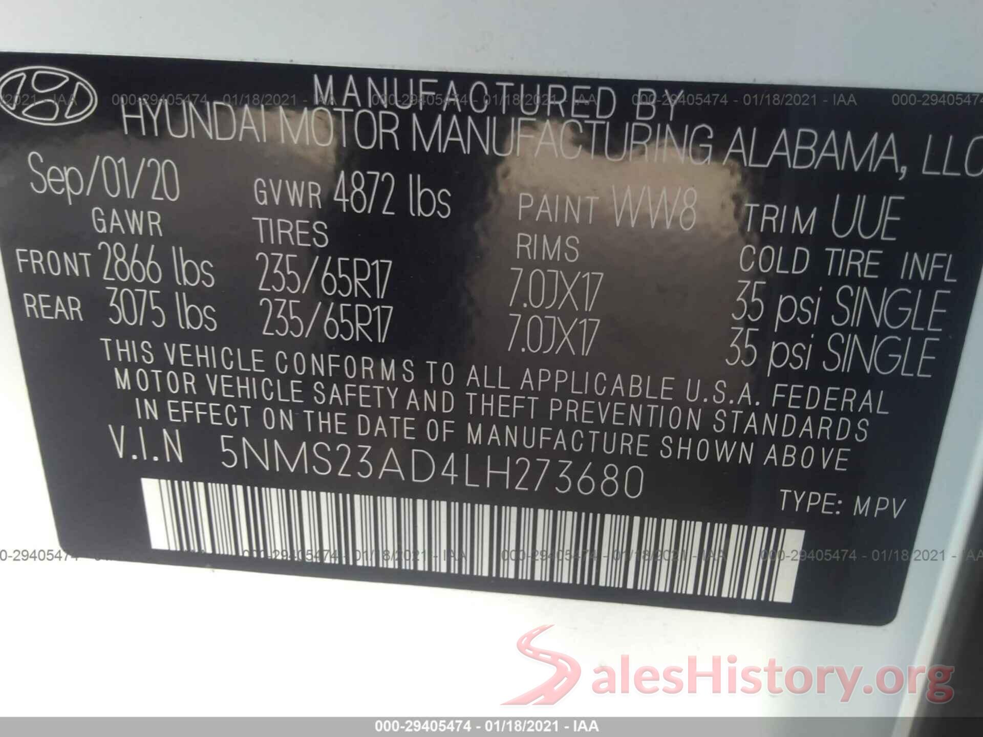 5NMS23AD4LH273680 2020 HYUNDAI SANTA FE