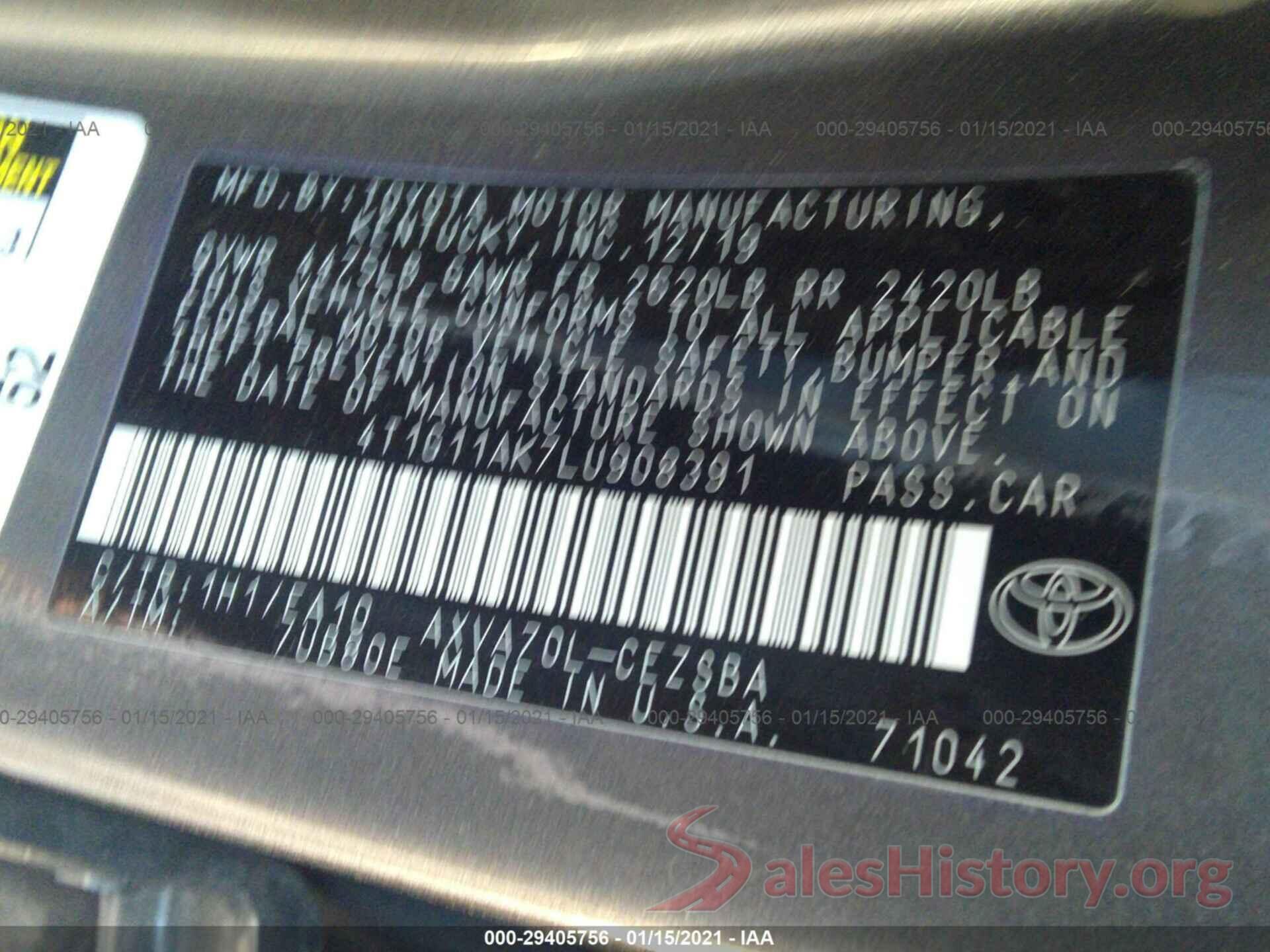 4T1G11AK7LU908391 2020 TOYOTA CAMRY