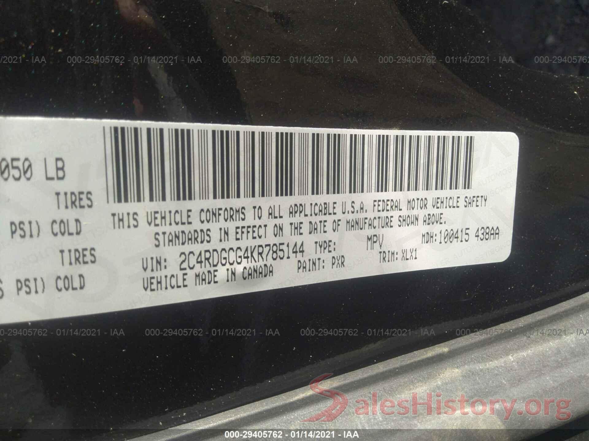 2C4RDGCG4KR785144 2019 DODGE GRAND CARAVAN