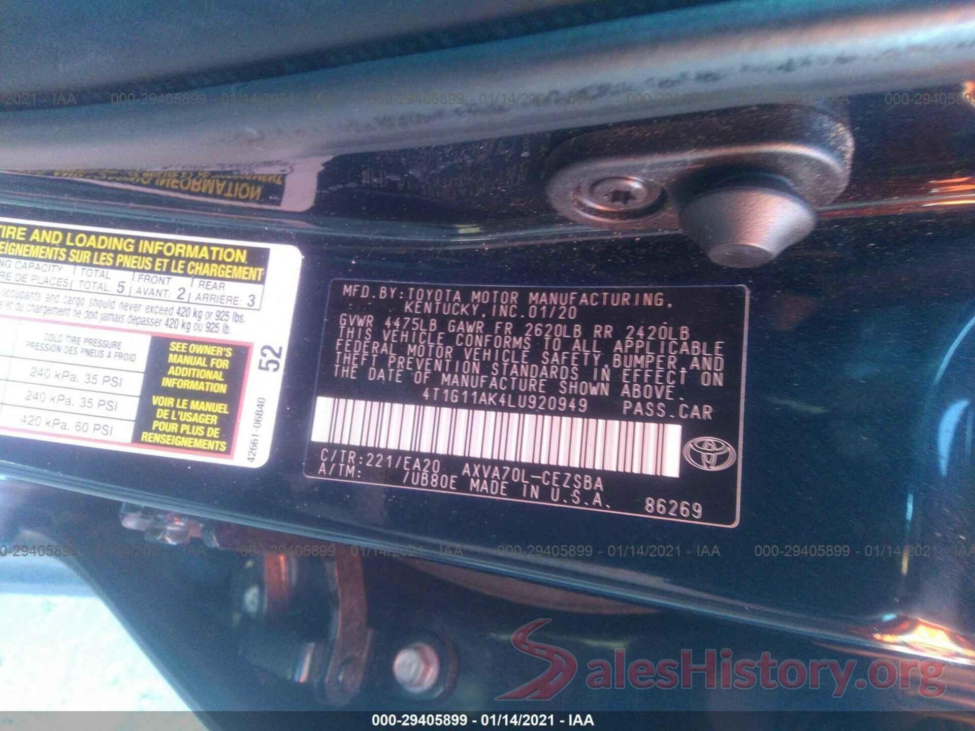 4T1G11AK4LU920949 2020 TOYOTA CAMRY