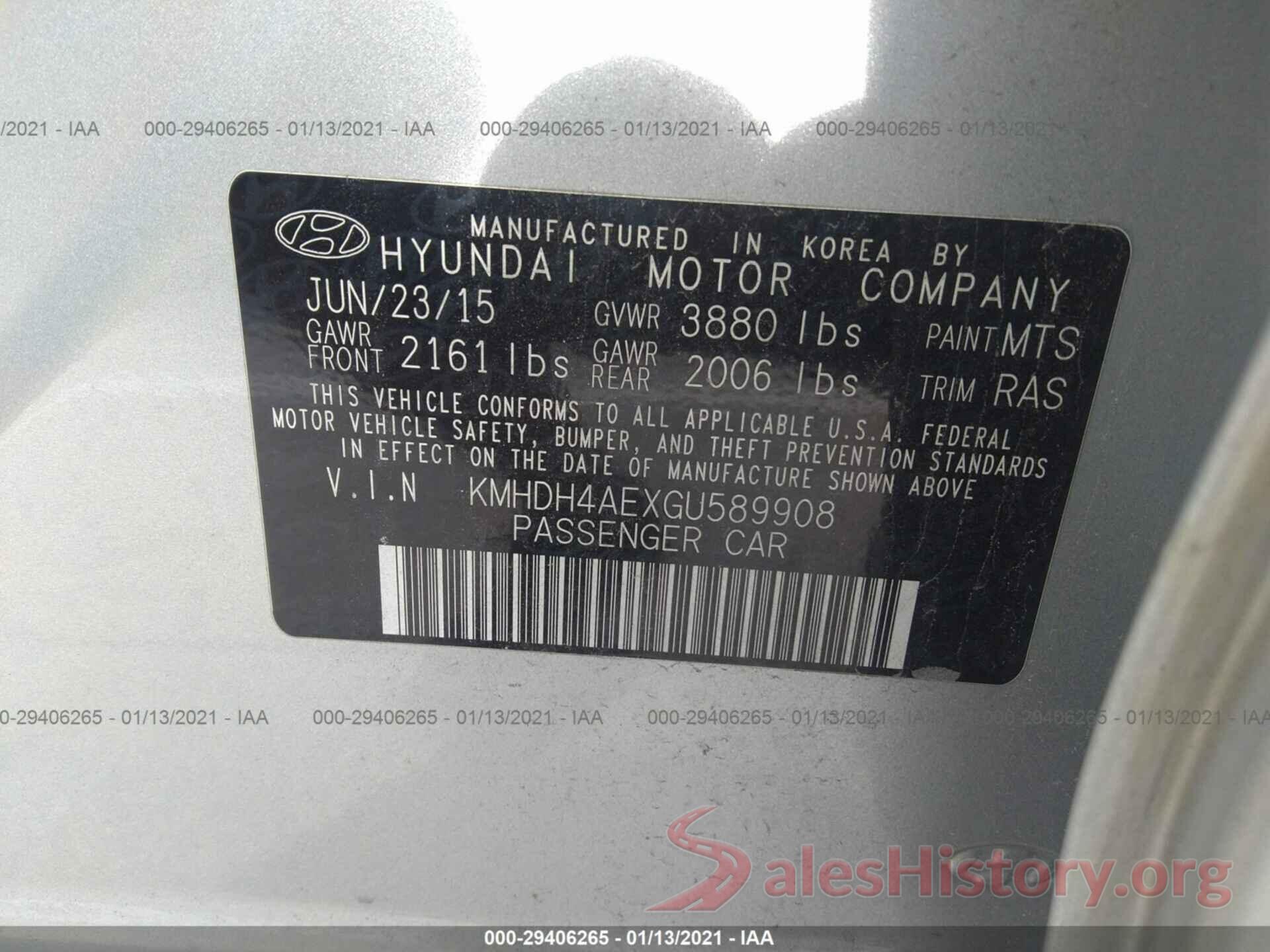 KMHDH4AEXGU589908 2016 HYUNDAI ELANTRA