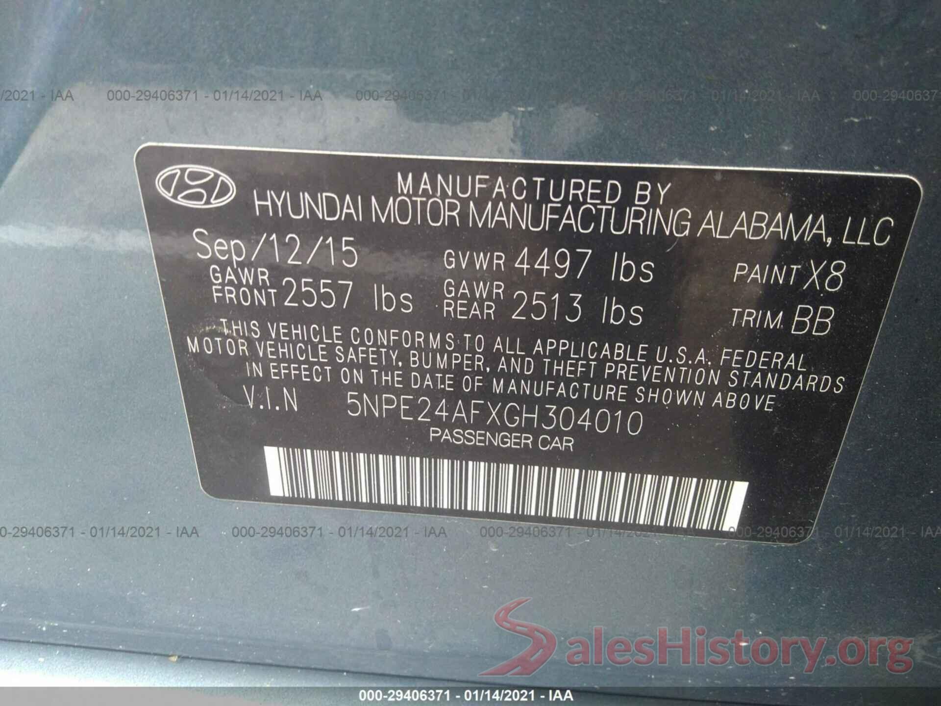 5NPE24AFXGH304010 2016 HYUNDAI SONATA