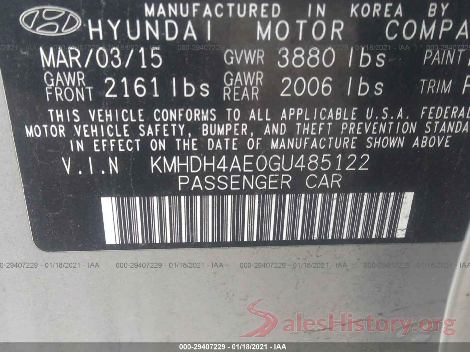 KMHDH4AE0GU485122 2016 HYUNDAI ELANTRA