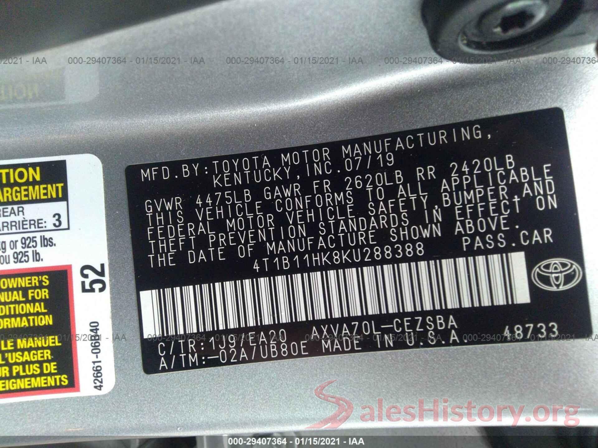 4T1B11HK8KU288388 2019 TOYOTA CAMRY