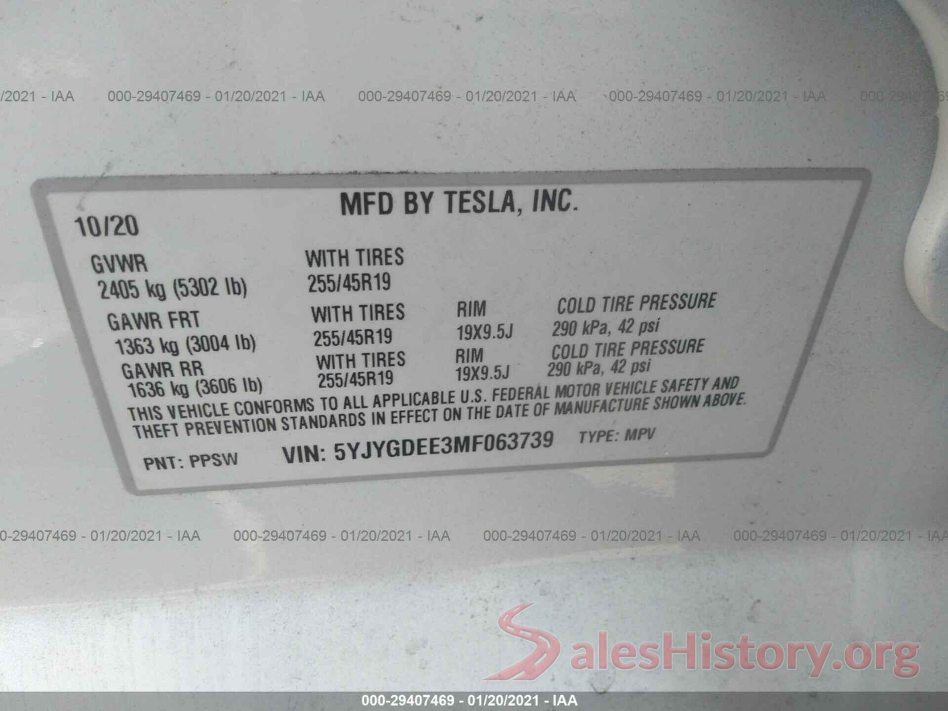 5YJYGDEE3MF063739 2021 TESLA MODEL Y