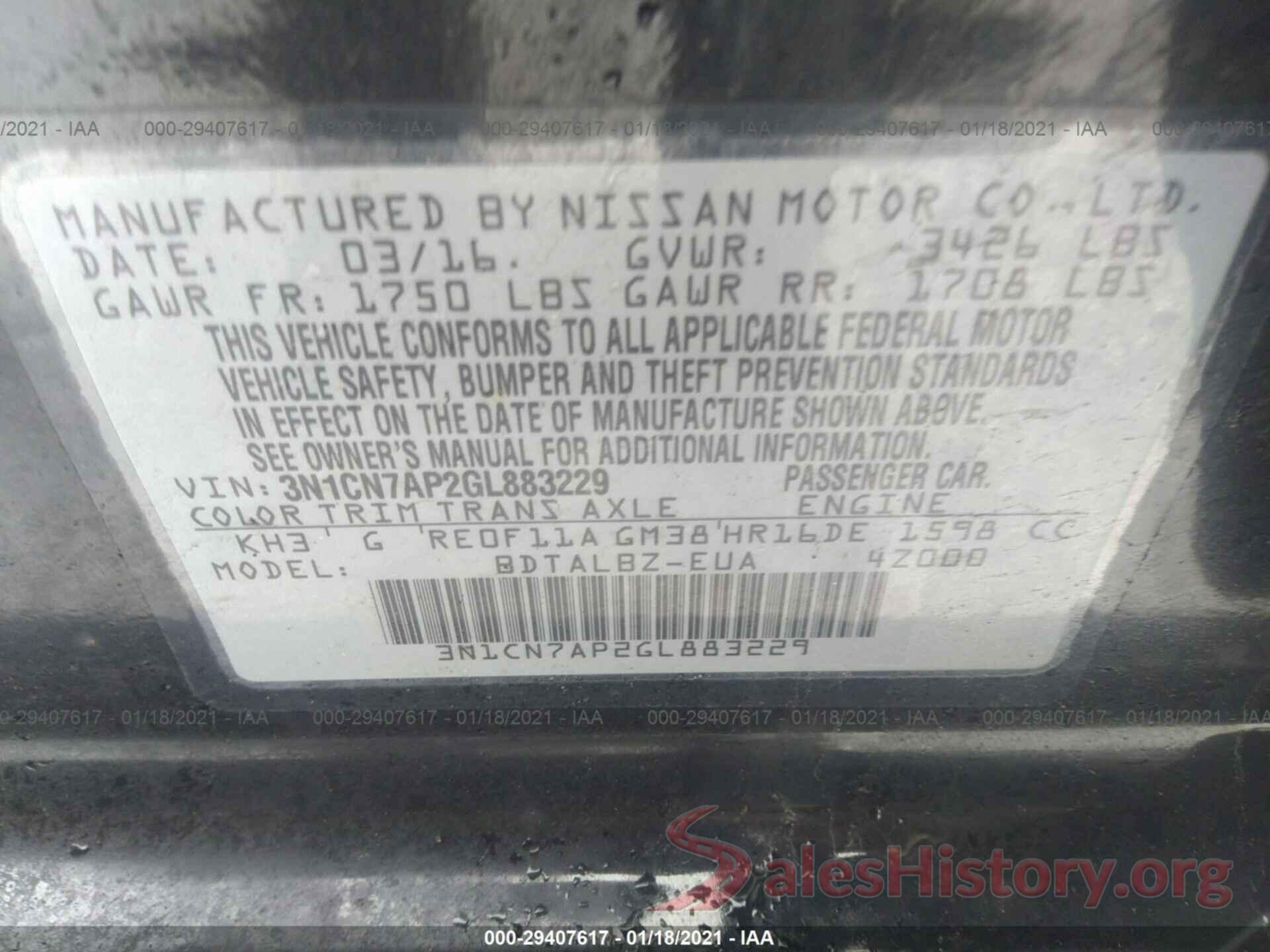 3N1CN7AP2GL883229 2016 NISSAN VERSA