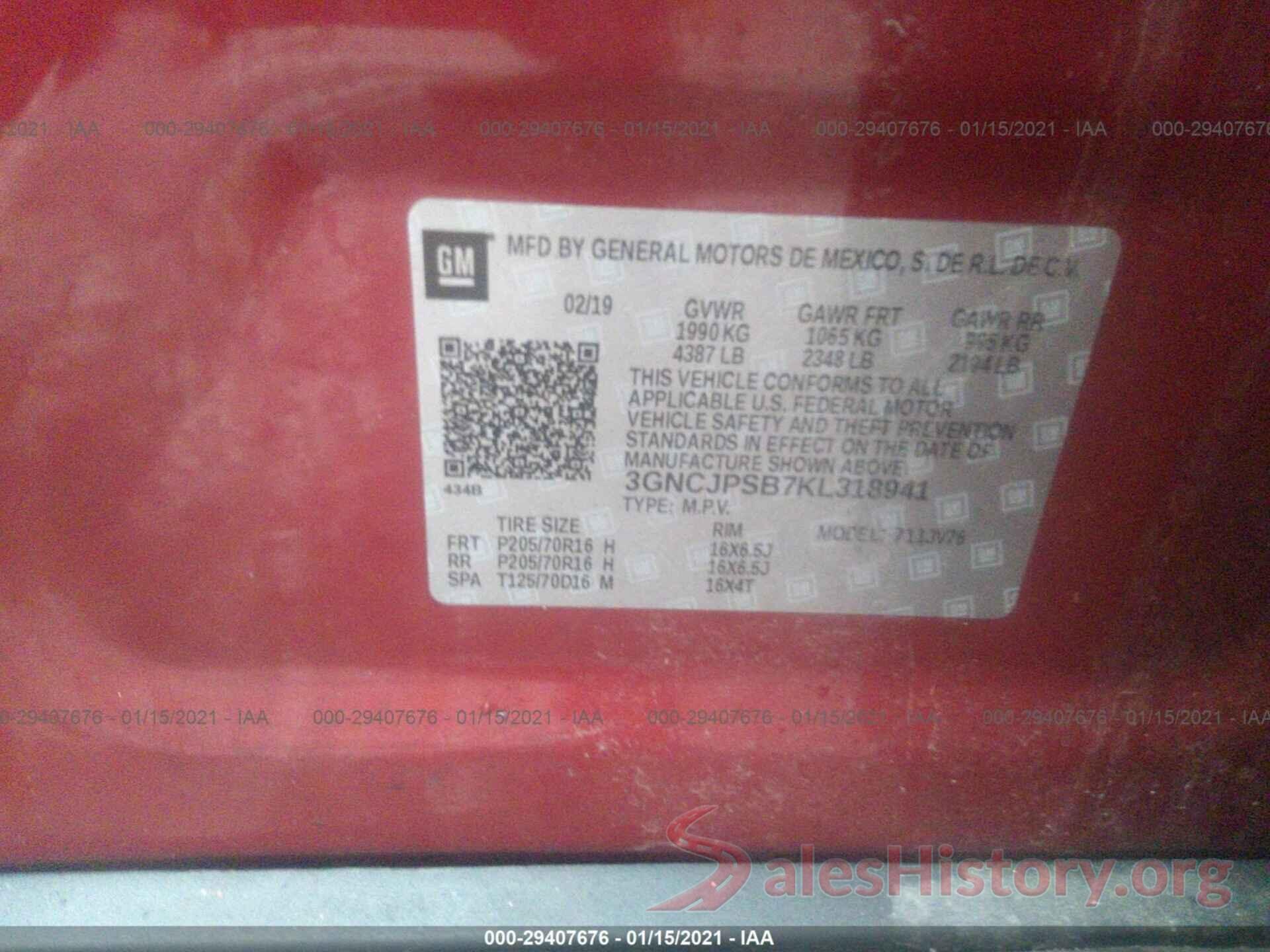 3GNCJPSB7KL318941 2019 CHEV TRAX