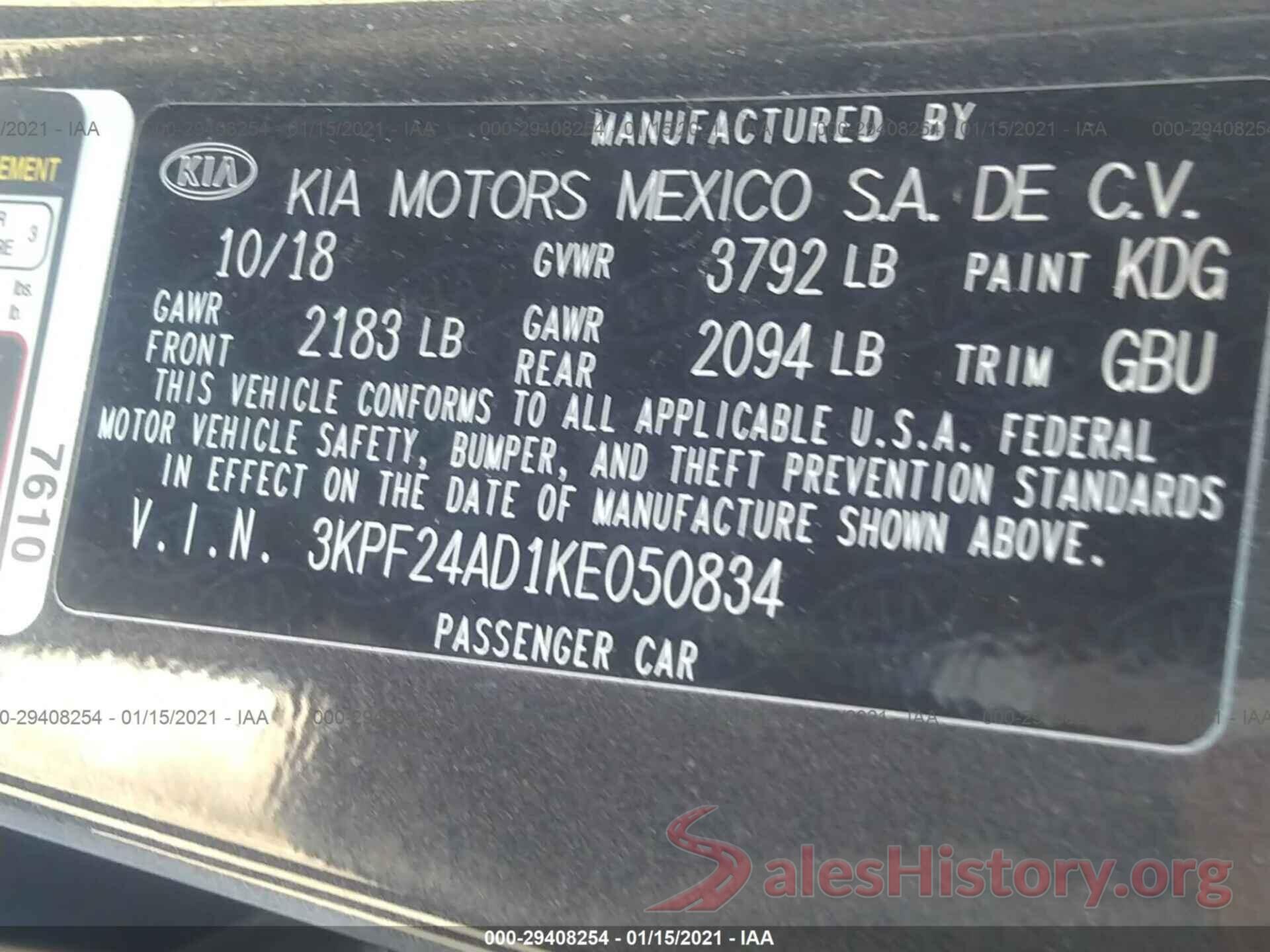 3KPF24AD1KE050834 2019 KIA FORTE