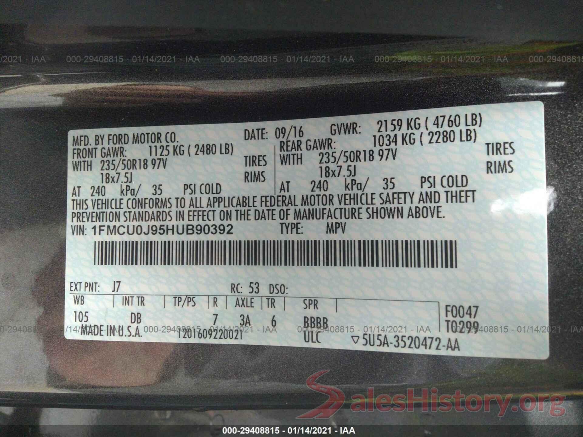 1FMCU0J95HUB90392 2017 FORD ESCAPE