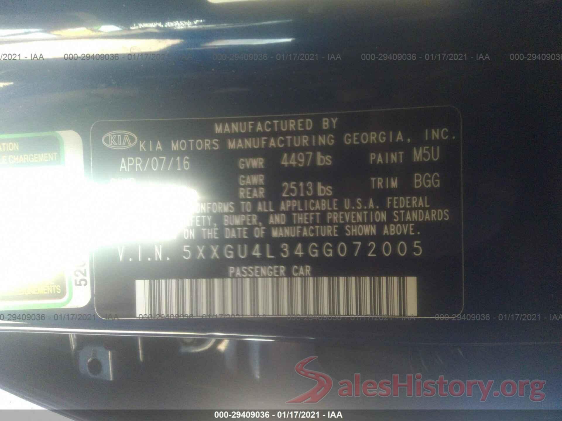 5XXGU4L34GG072005 2016 KIA OPTIMA