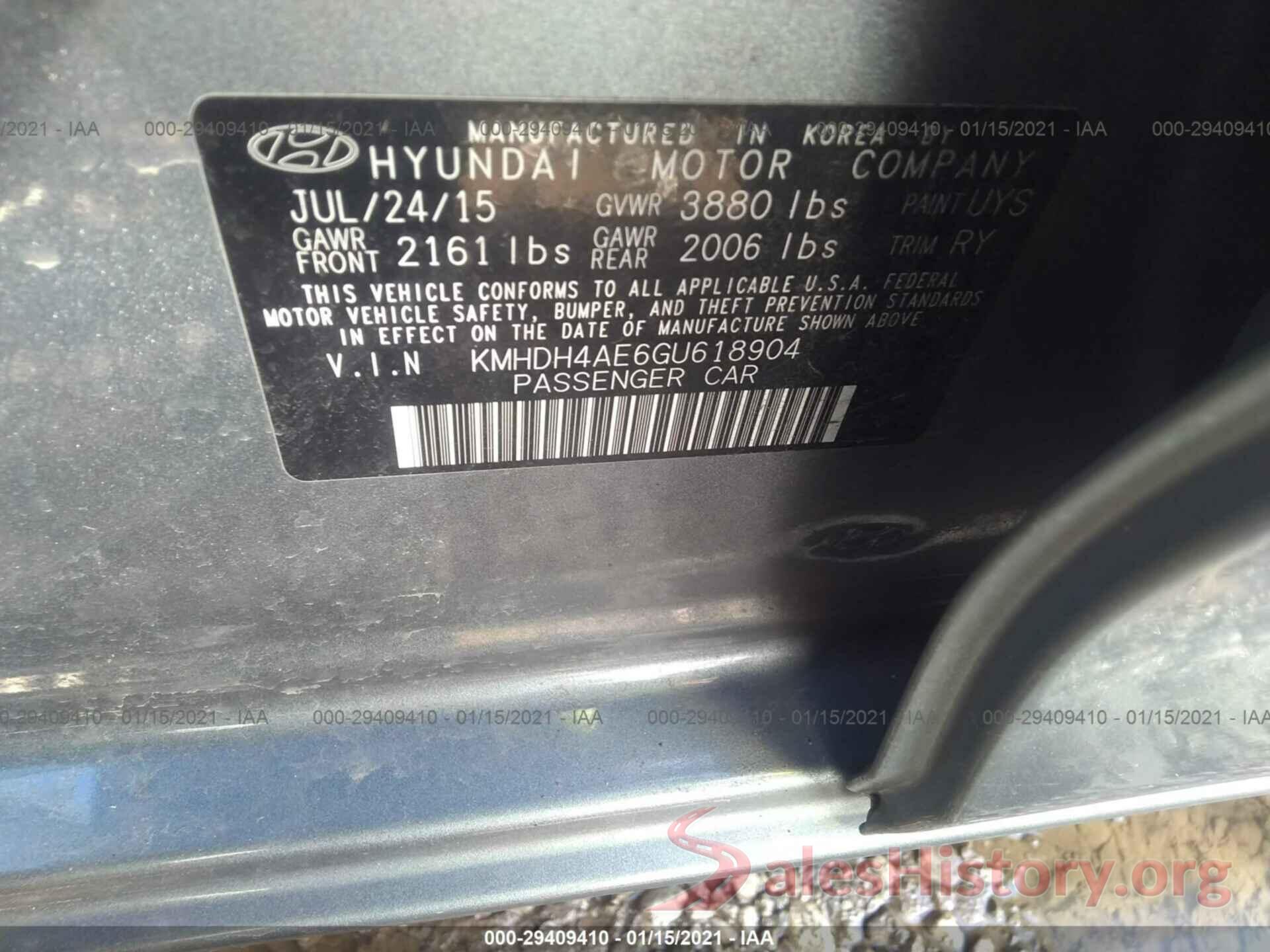 KMHDH4AE6GU618904 2016 HYUNDAI ELANTRA