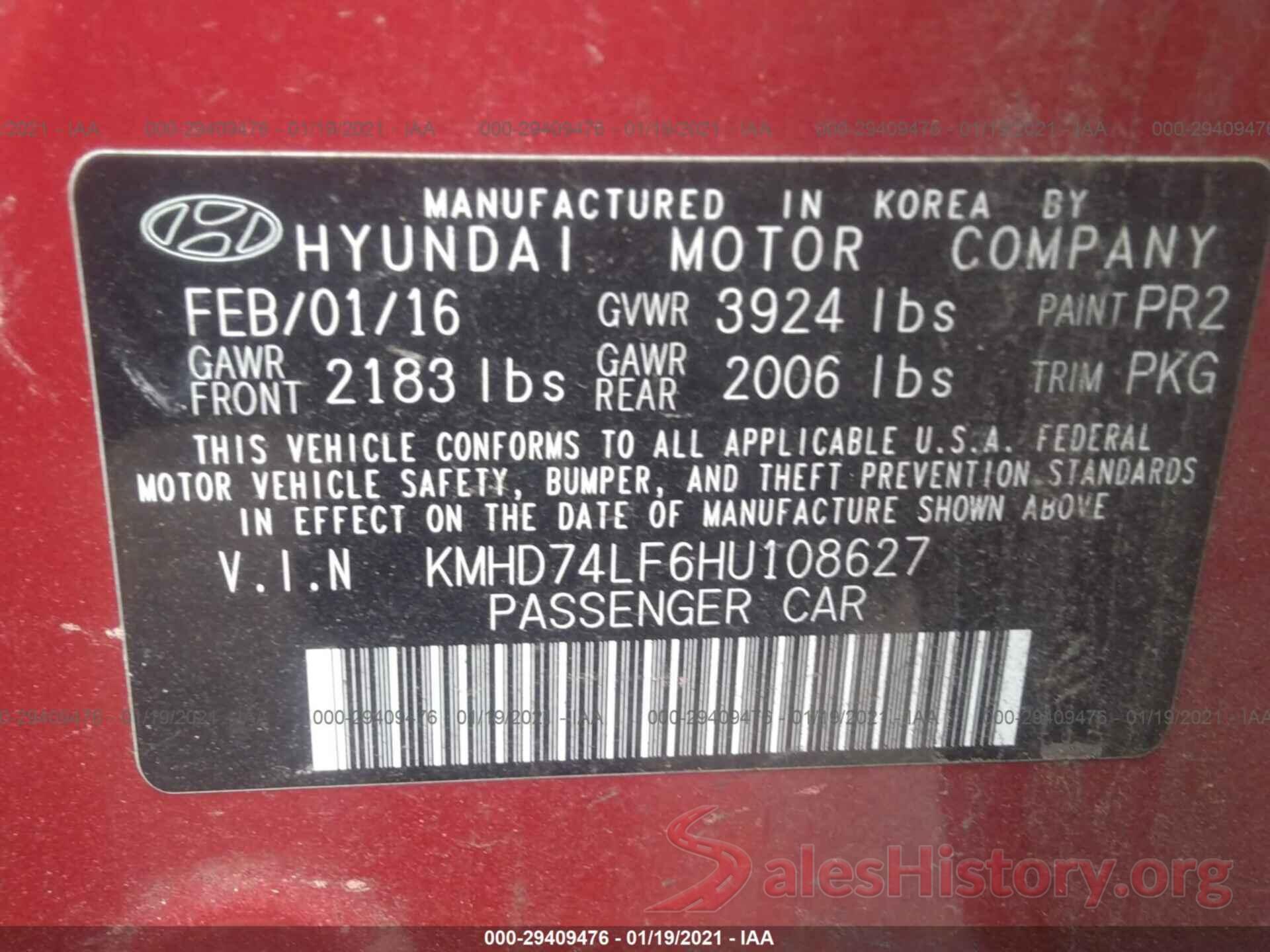 KMHD74LF6HU108627 2017 HYUNDAI ELANTRA