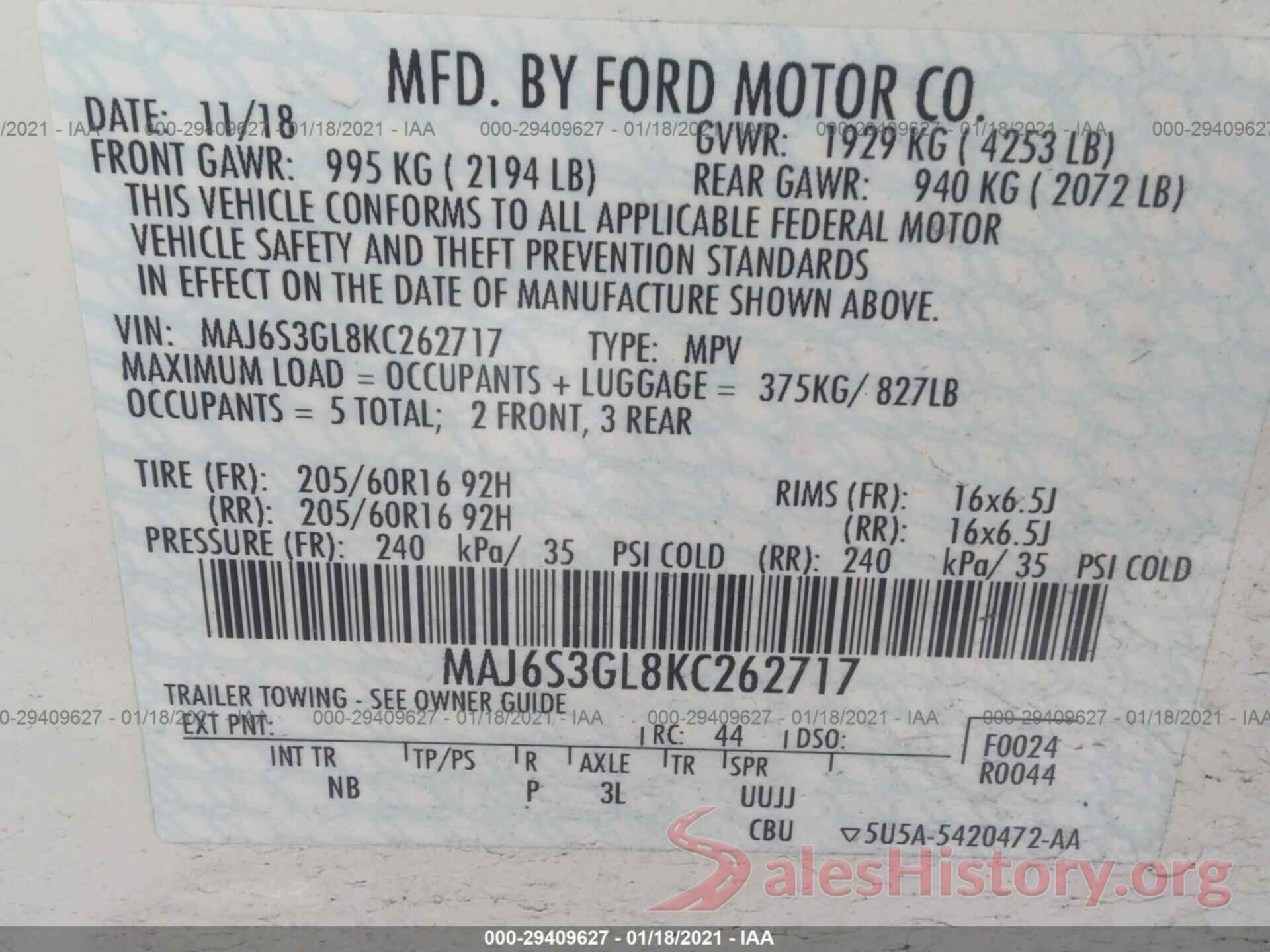 MAJ6S3GL8KC262717 2019 FORD ECOSPORT