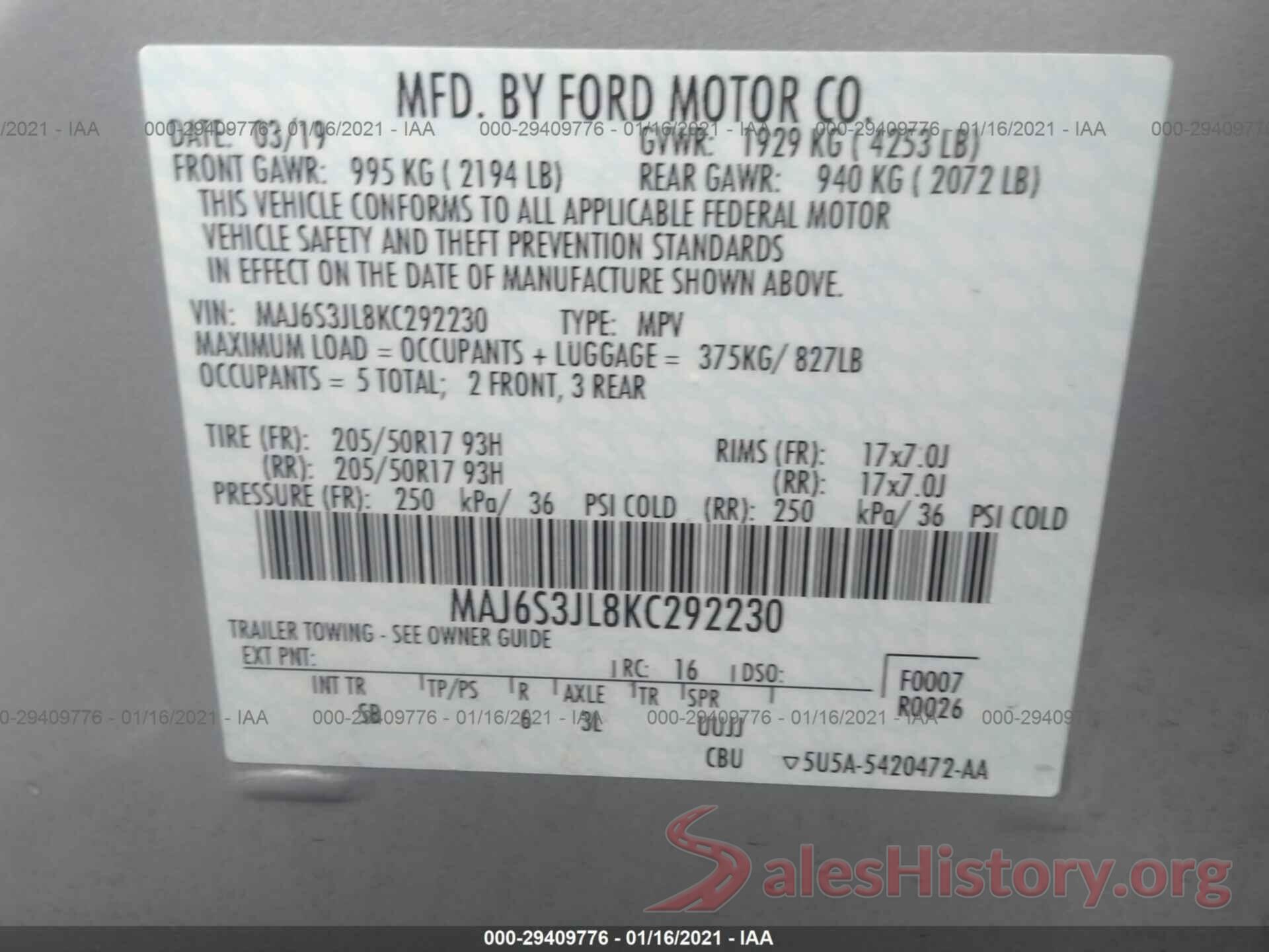 MAJ6S3JL8KC292230 2019 FORD ECOSPORT