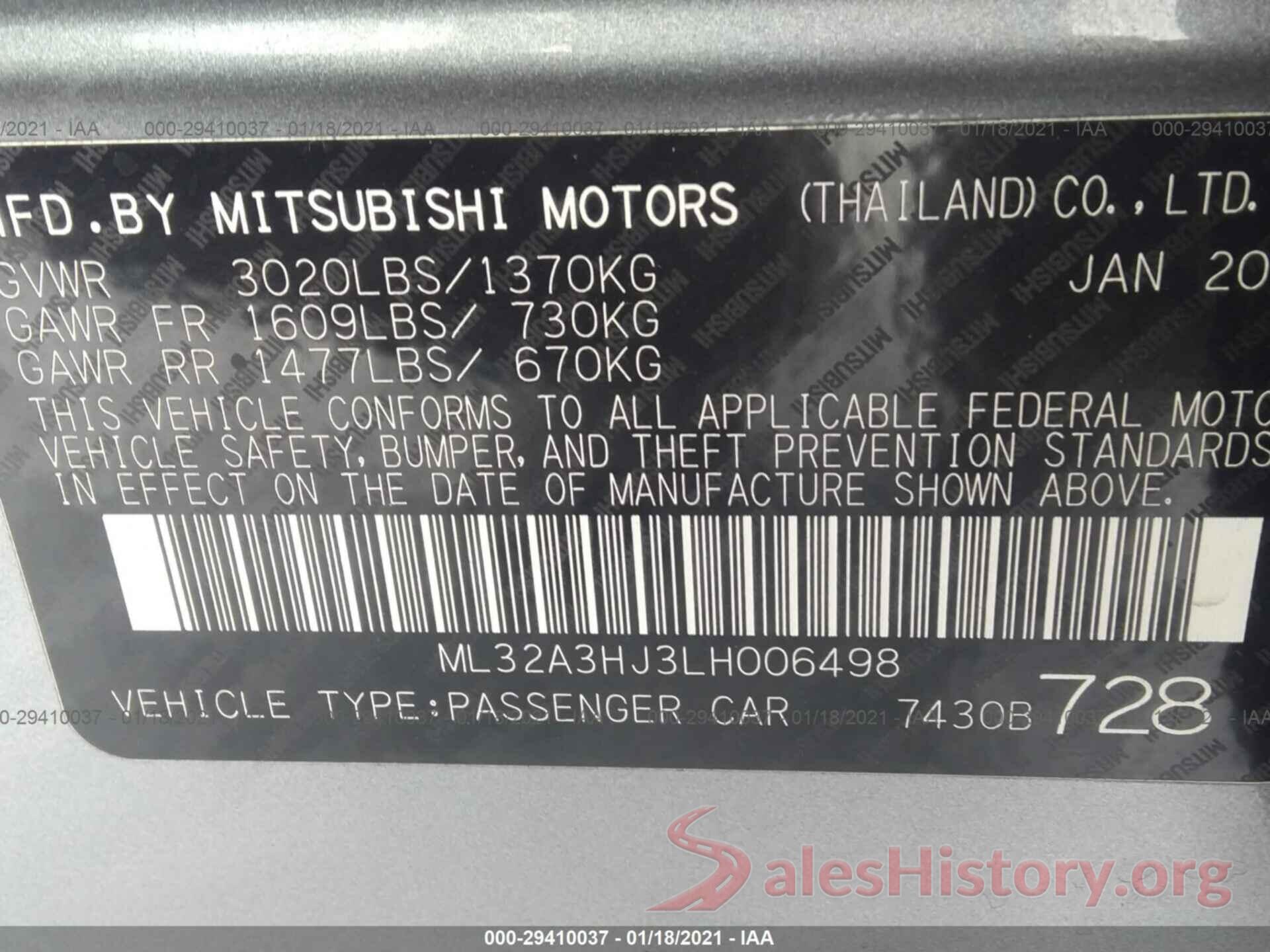 ML32A3HJ3LH006498 2020 MITSUBISHI MIRAGE