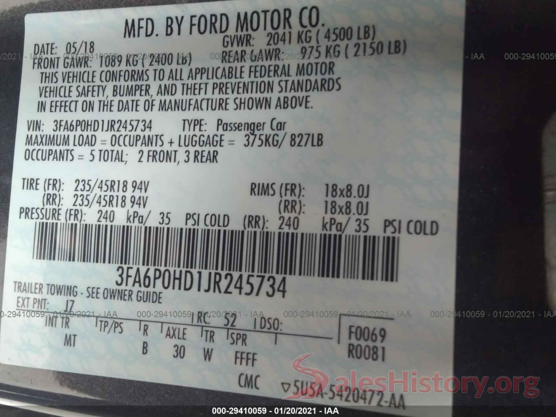 3FA6P0HD1JR245734 2018 FORD FUSION