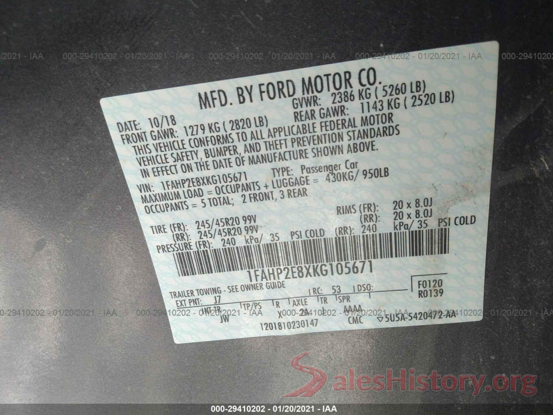 1FAHP2E8XKG105671 2019 FORD TAURUS