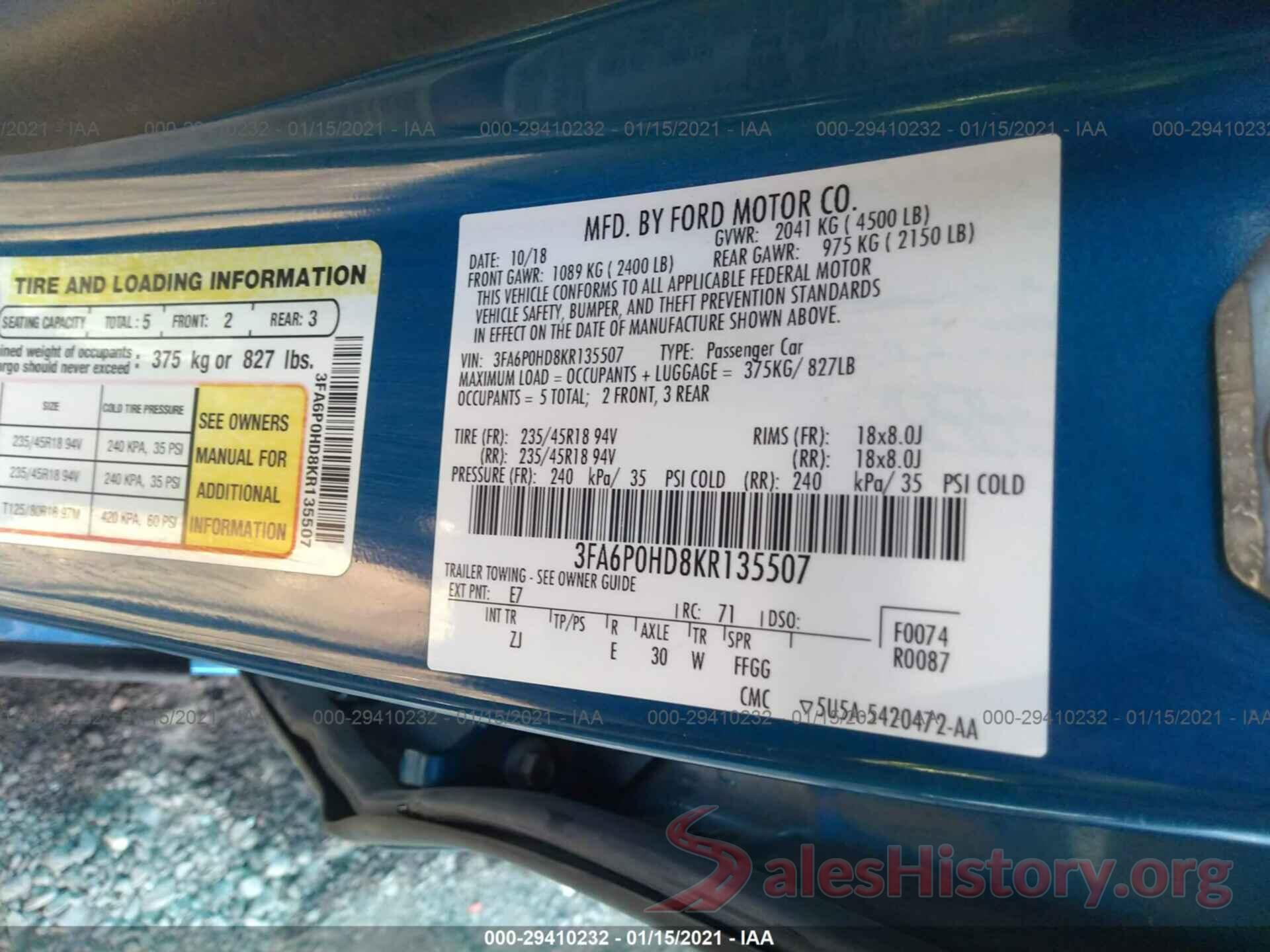 3FA6P0HD8KR135507 2019 FORD FUSION