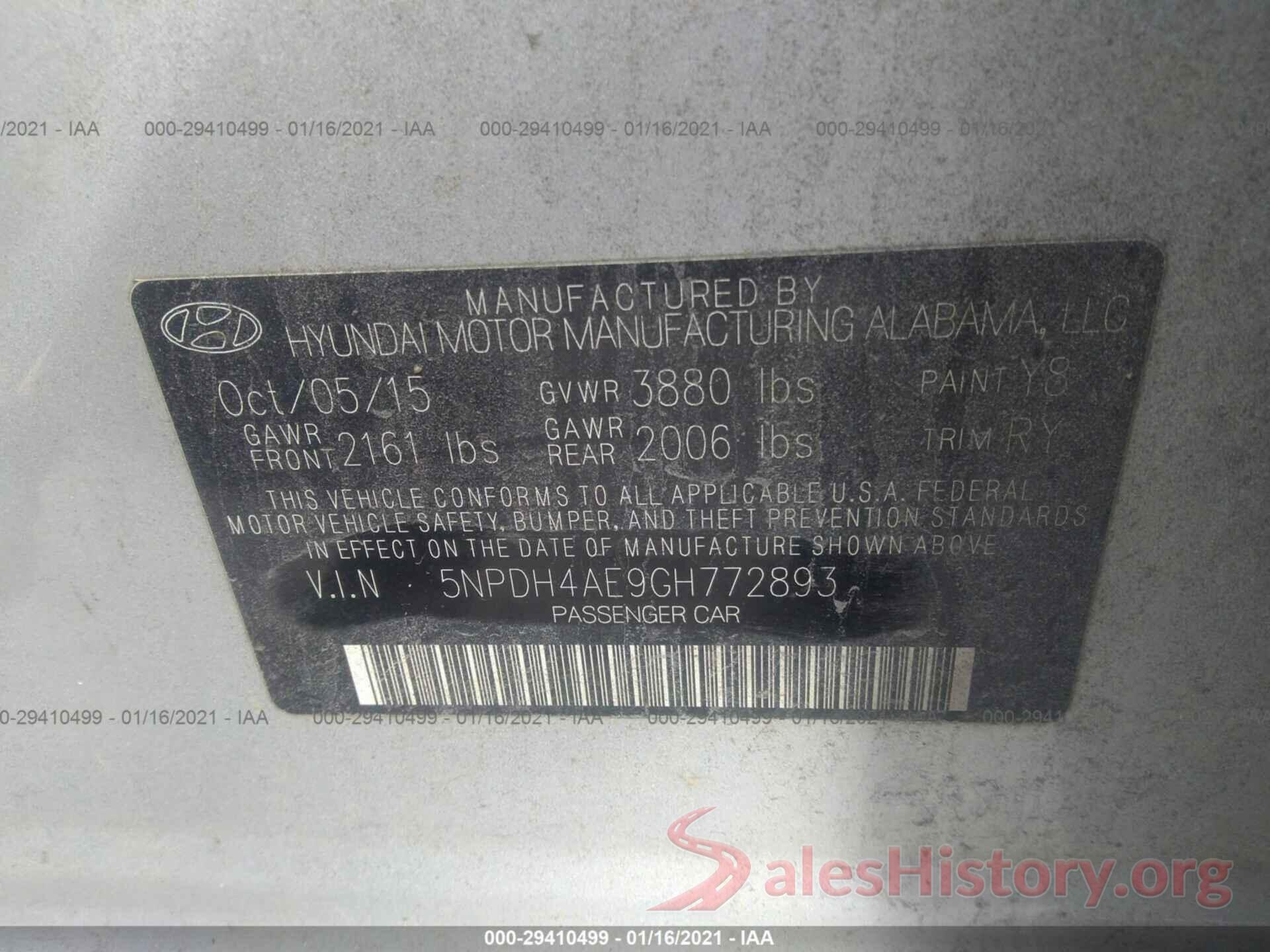 5NPDH4AE9GH772893 2016 HYUNDAI ELANTRA