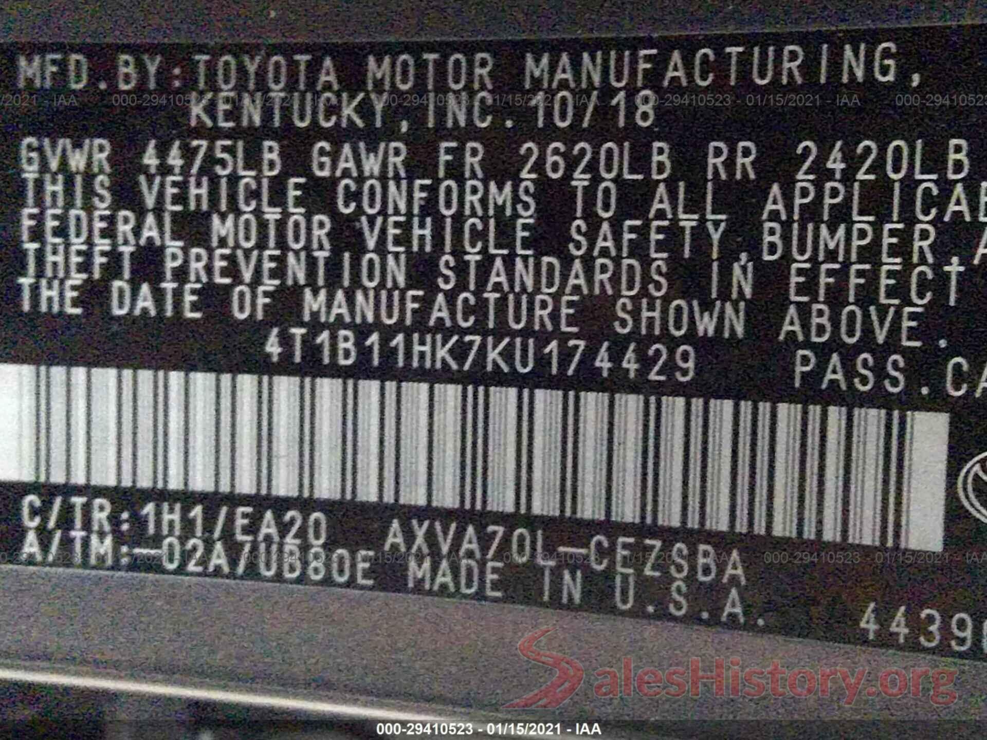 4T1B11HK7KU174429 2019 TOYOTA CAMRY