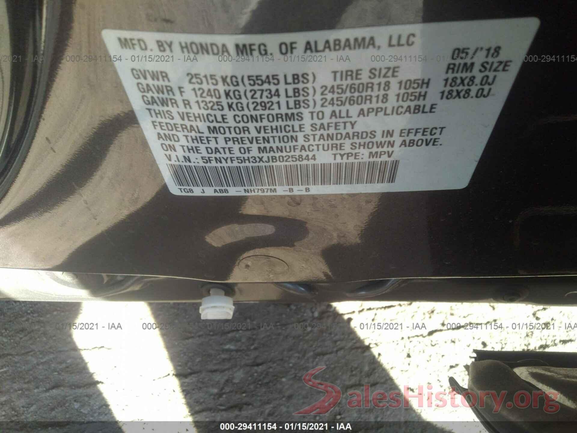 5FNYF5H3XJB025844 2018 HONDA PILOT