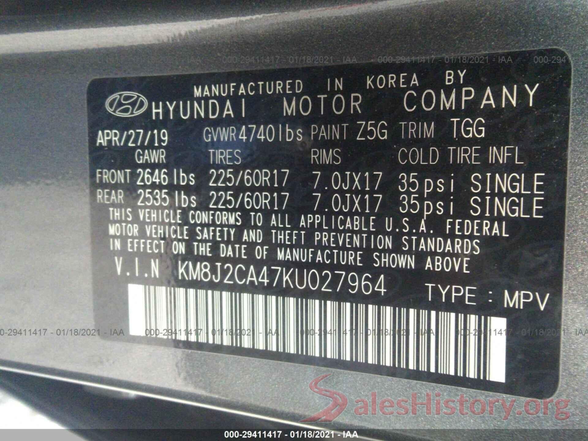 KM8J2CA47KU027964 2019 HYUNDAI TUCSON