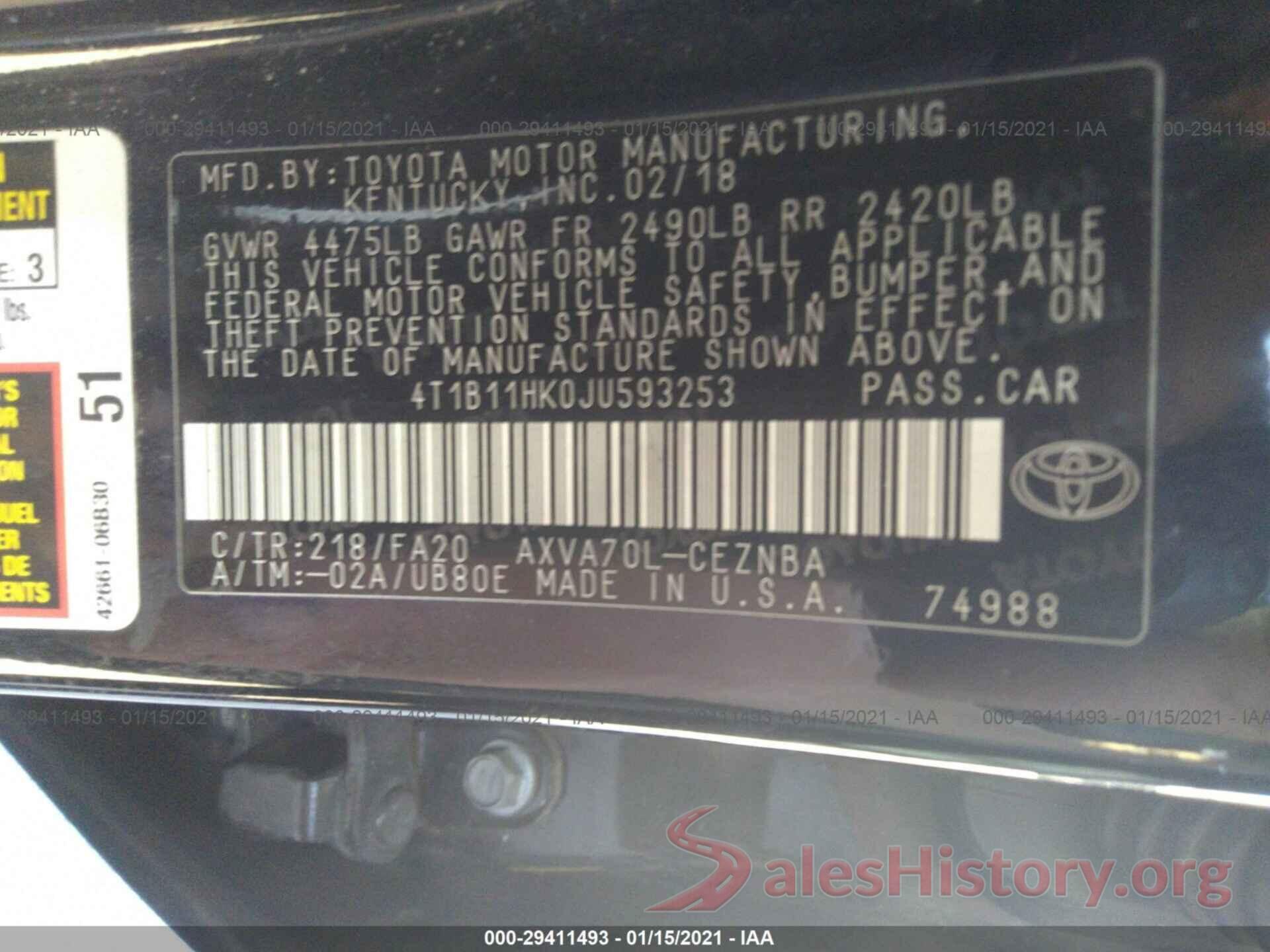 4T1B11HK0JU593253 2018 TOYOTA CAMRY