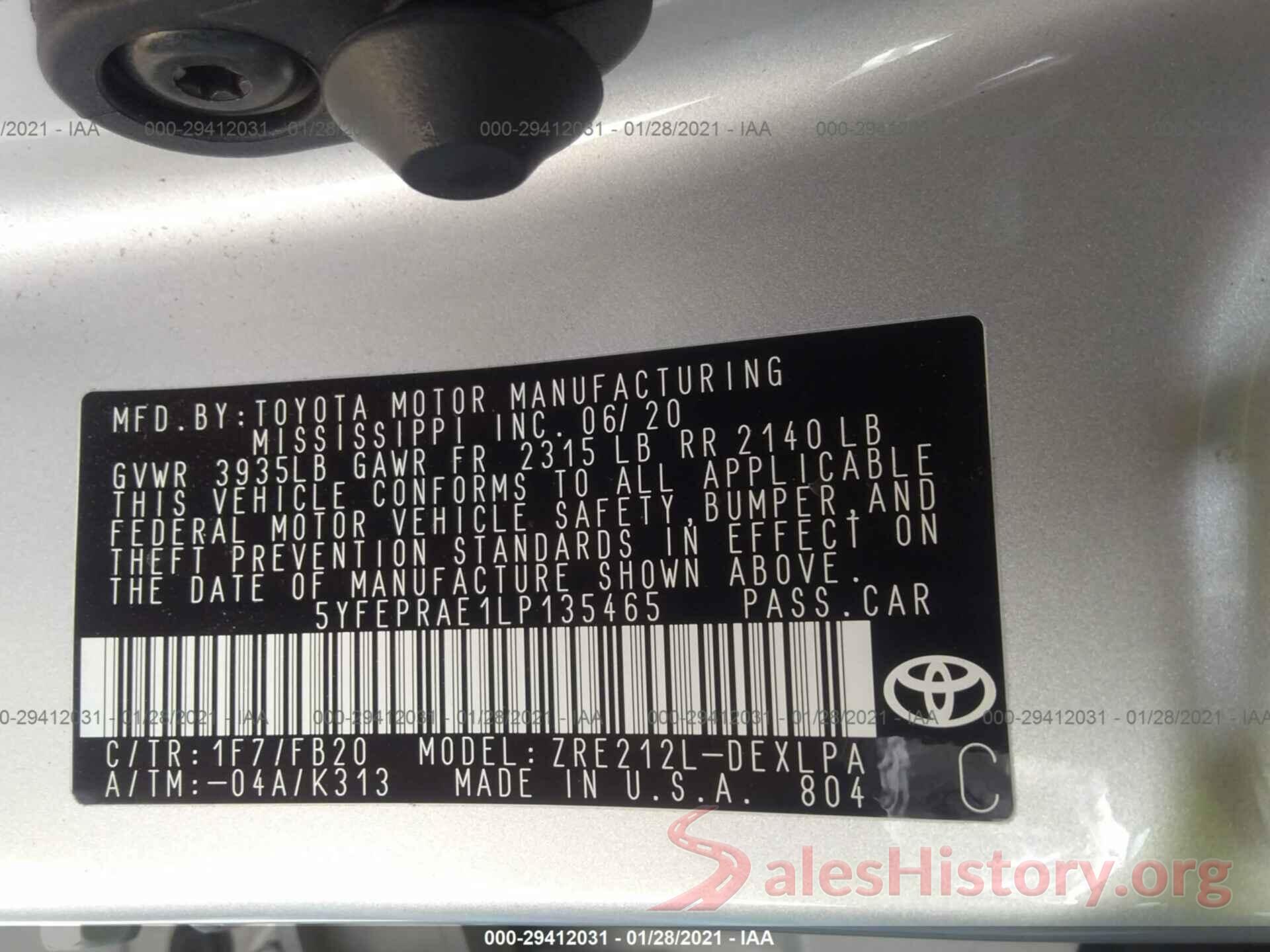 5YFEPRAE1LP135465 2020 TOYOTA COROLLA