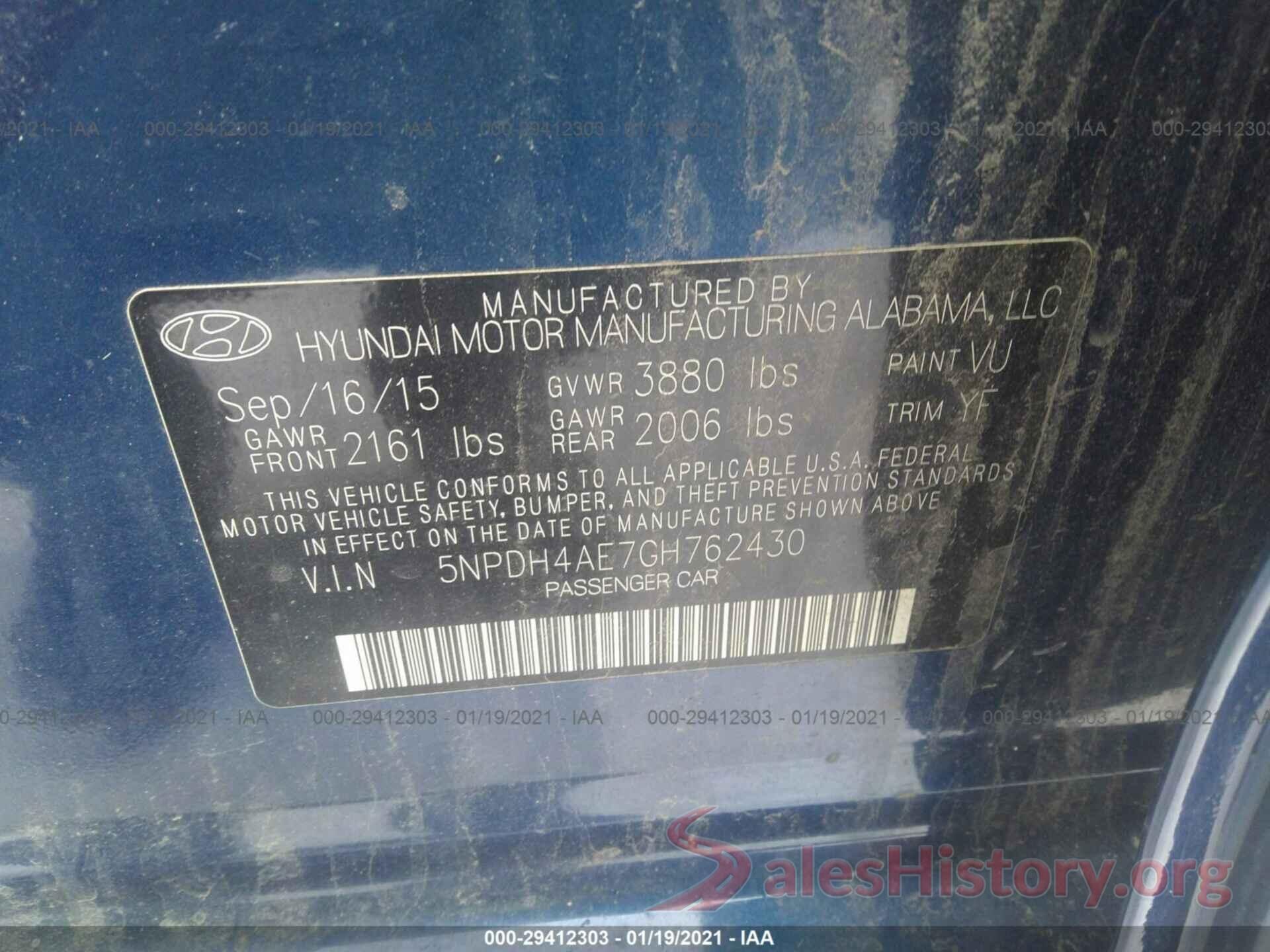 5NPDH4AE7GH762430 2016 HYUNDAI ELANTRA