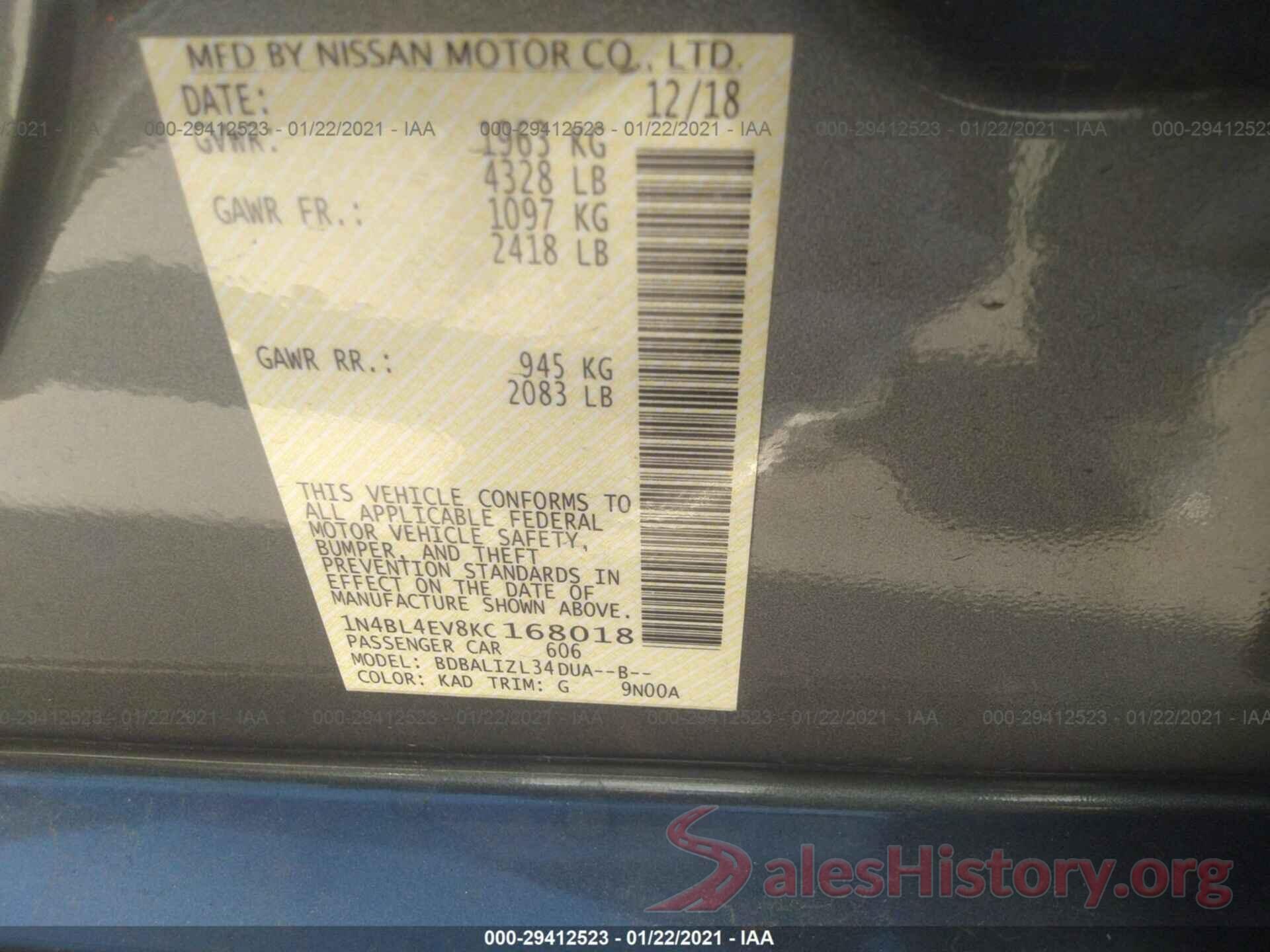 1N4BL4EV8KC168018 2019 NISSAN ALTIMA