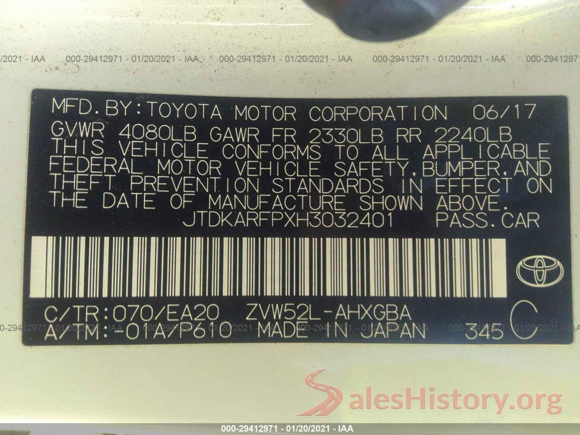 JTDKARFPXH3032401 2017 TOYOTA PRIUS PRIME