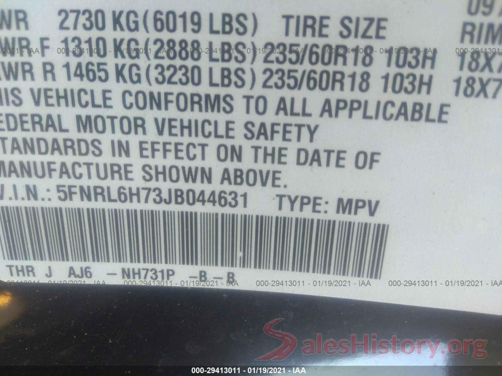 5FNRL6H73JB044631 2018 HONDA ODYSSEY