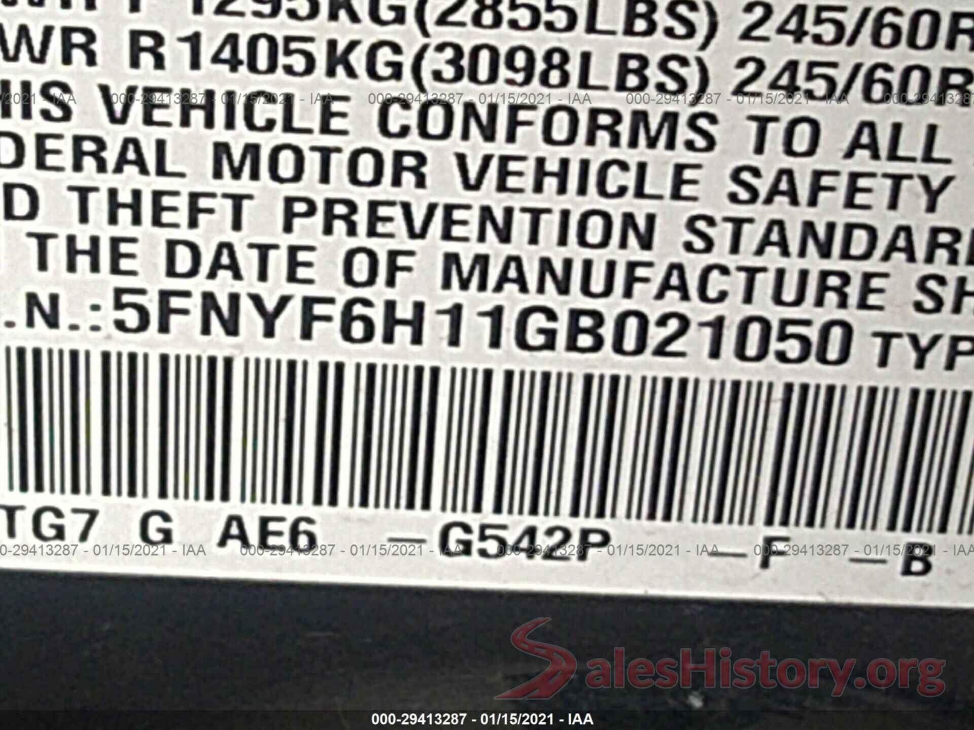 5FNYF6H11GB021050 2016 HONDA PILOT