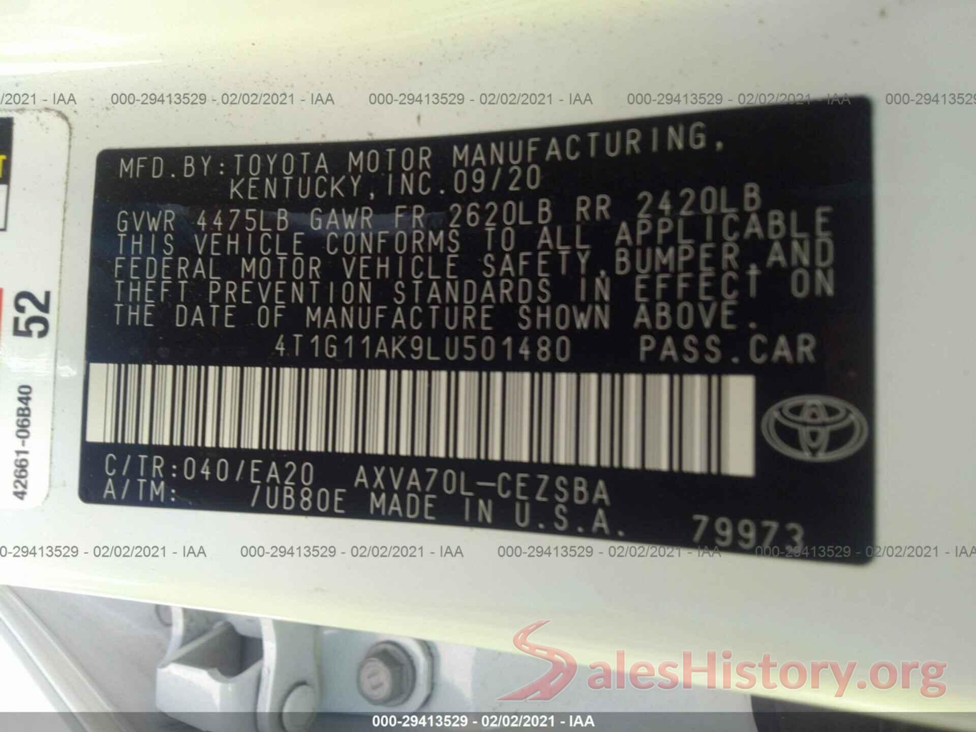 4T1G11AK9LU501480 2020 TOYOTA CAMRY