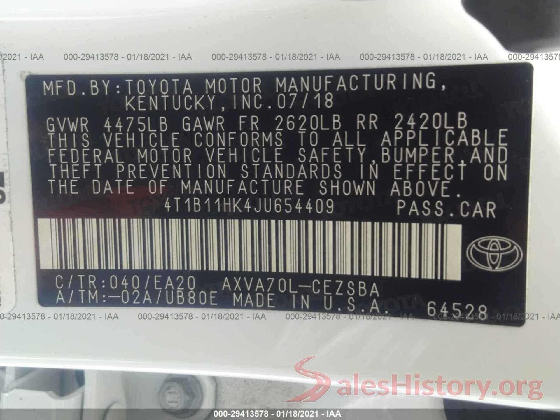 4T1B11HK4JU654409 2018 TOYOTA CAMRY