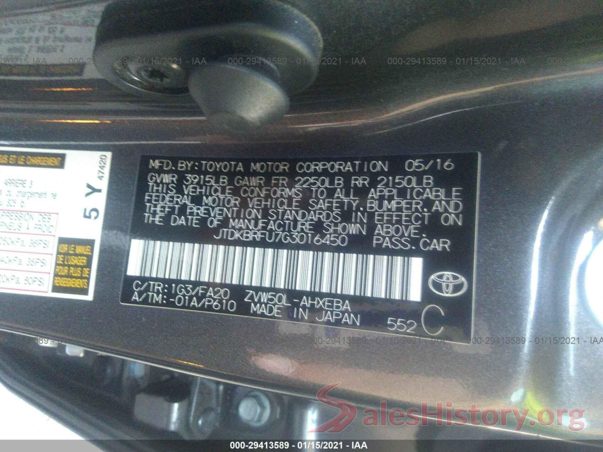 JTDKBRFU7G3016450 2016 TOYOTA PRIUS