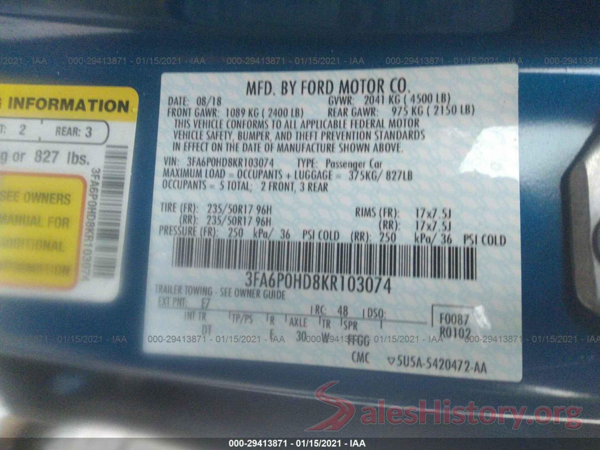 3FA6P0HD8KR103074 2019 FORD FUSION