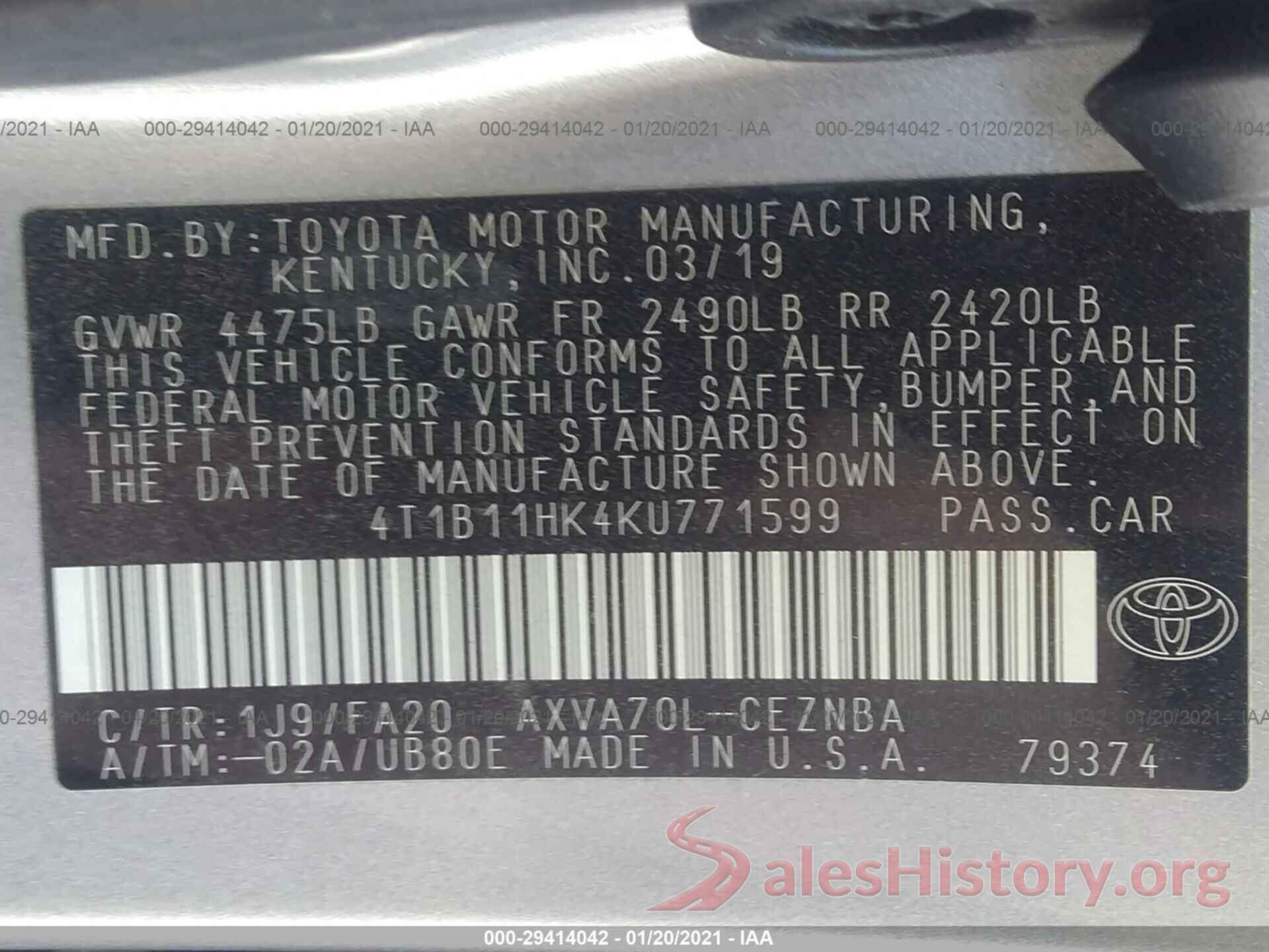 4T1B11HK4KU771599 2019 TOYOTA CAMRY