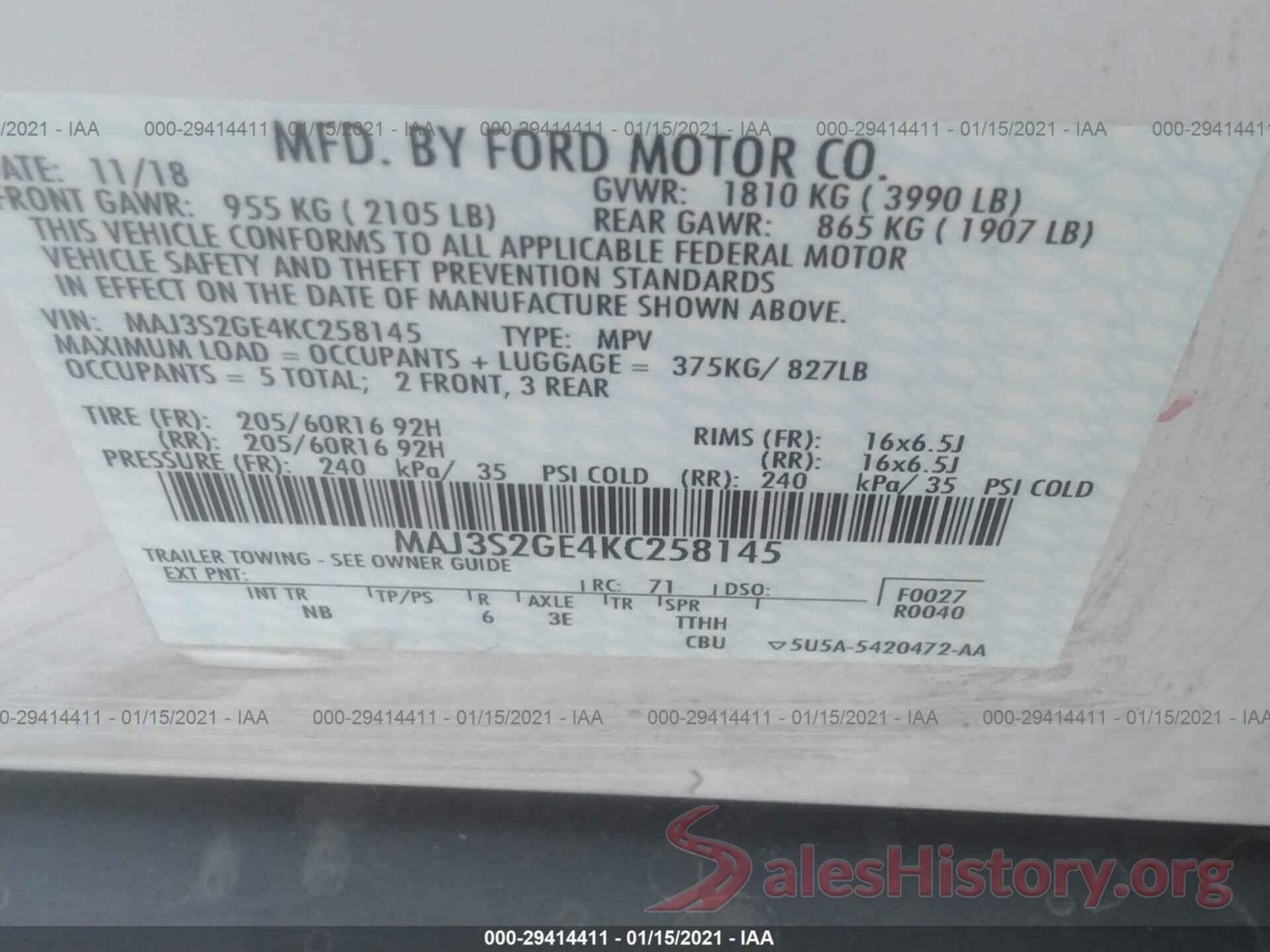 MAJ3S2GE4KC258145 2019 FORD ECOSPORT