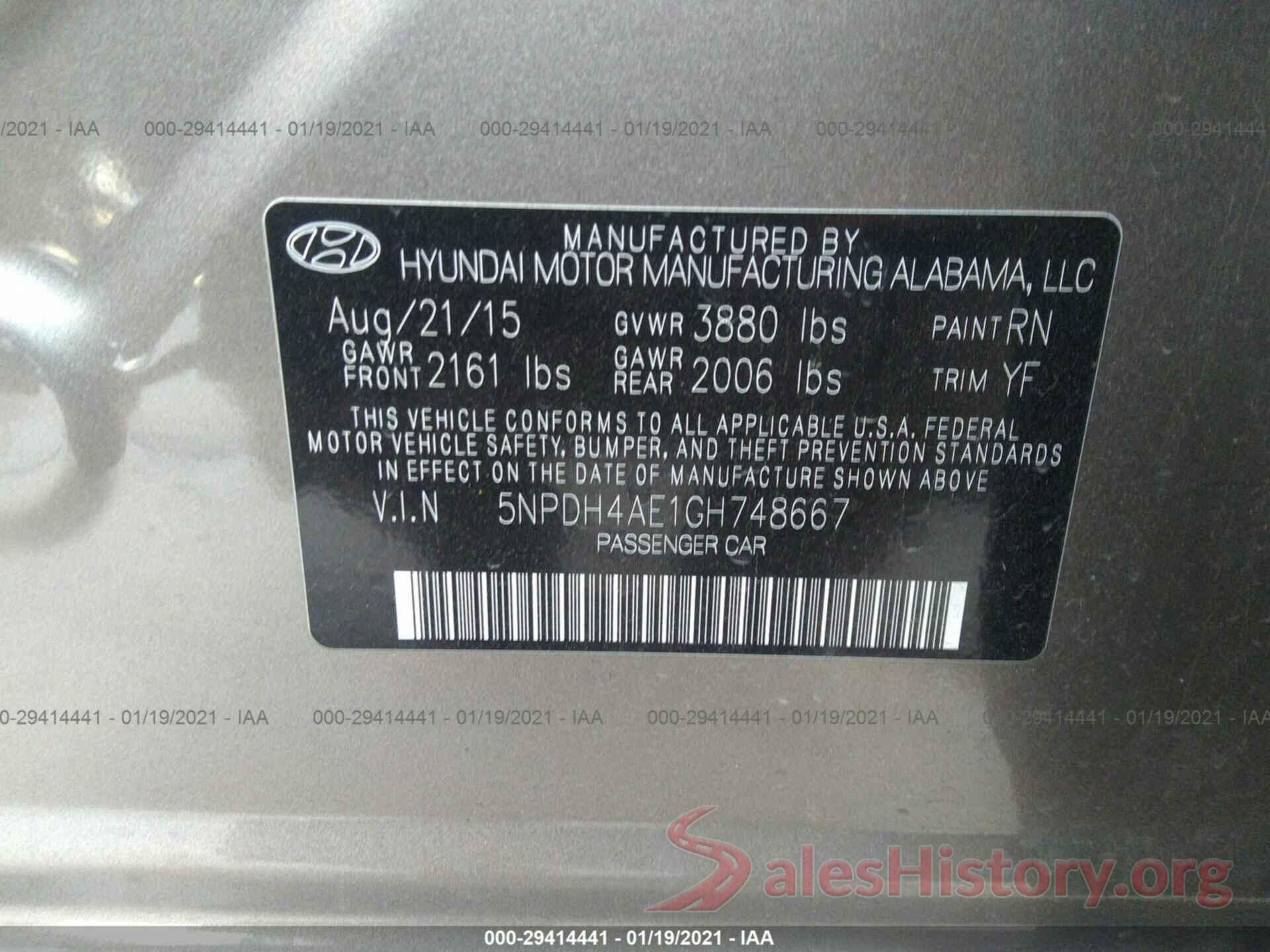 5NPDH4AE1GH748667 2016 HYUNDAI ELANTRA