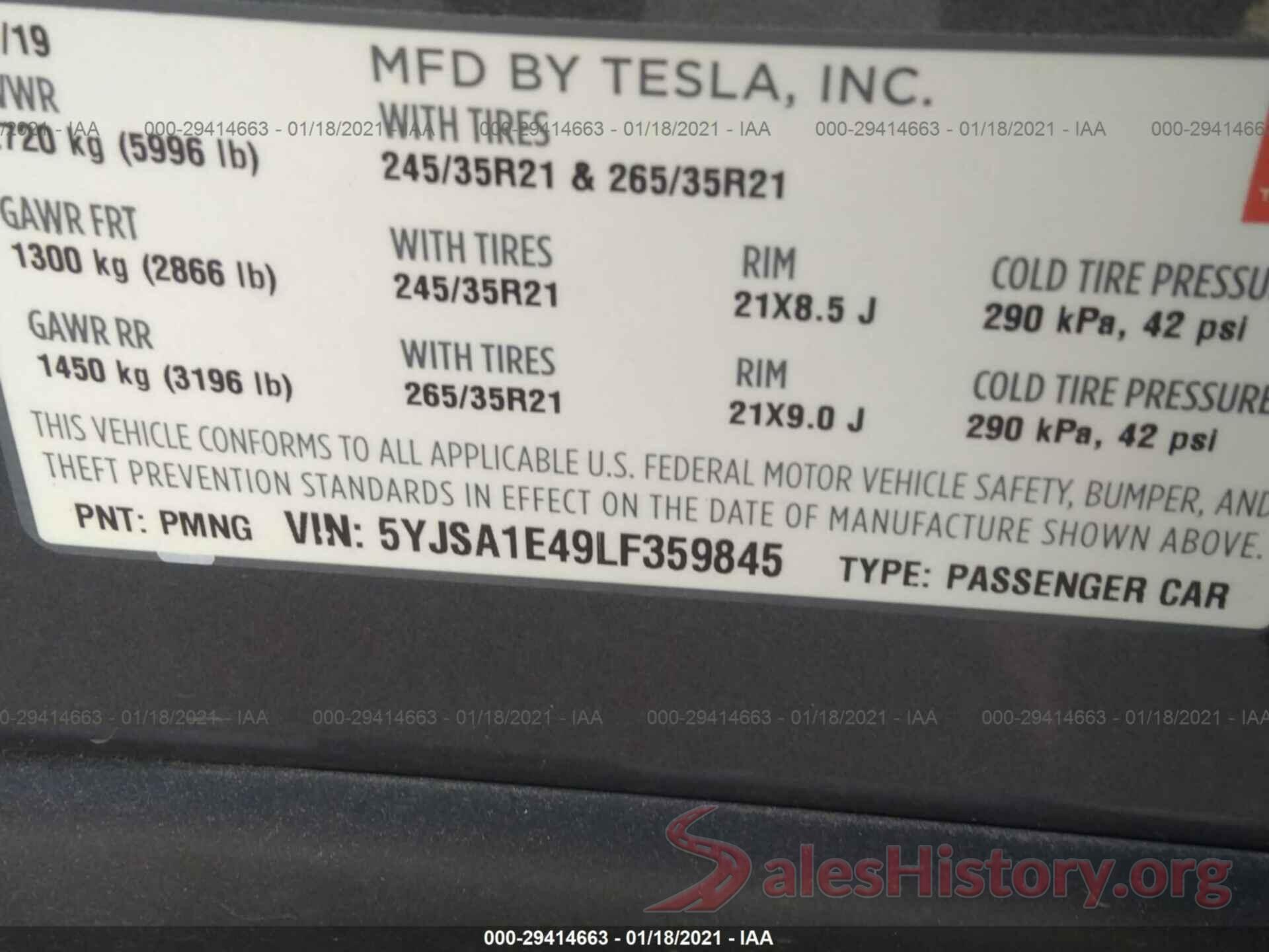 5YJSA1E49LF359845 2020 TESLA MODEL S