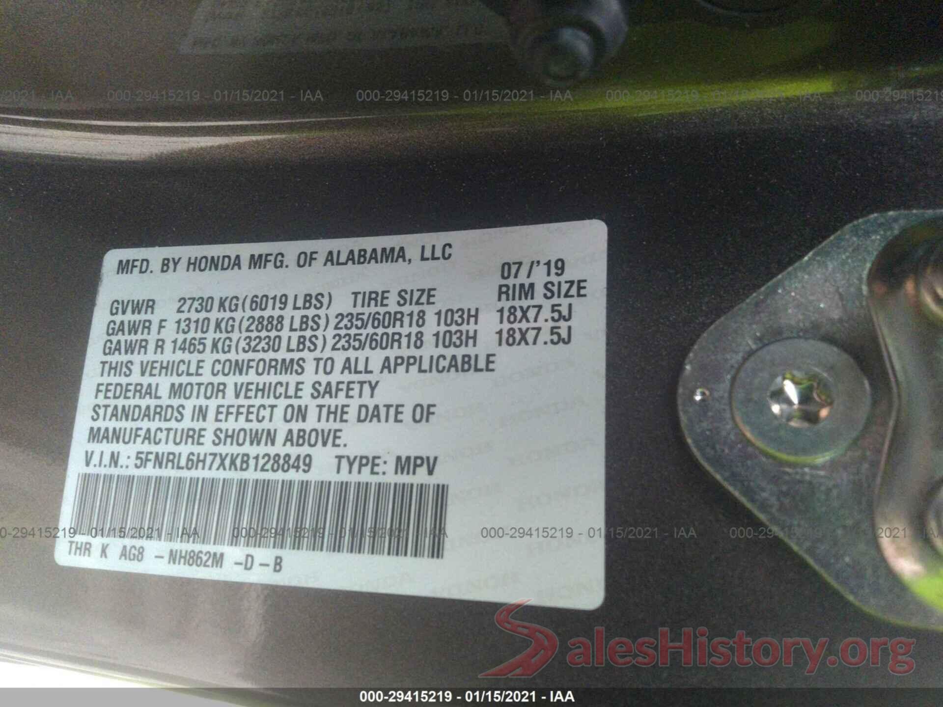 5FNRL6H7XKB128849 2019 HONDA ODYSSEY