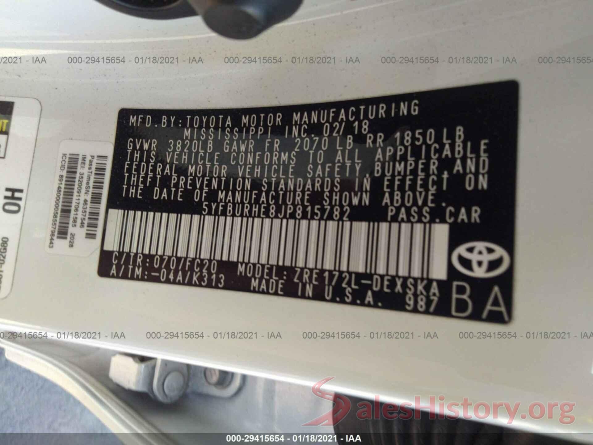 5YFBURHE8JP815782 2018 TOYOTA COROLLA