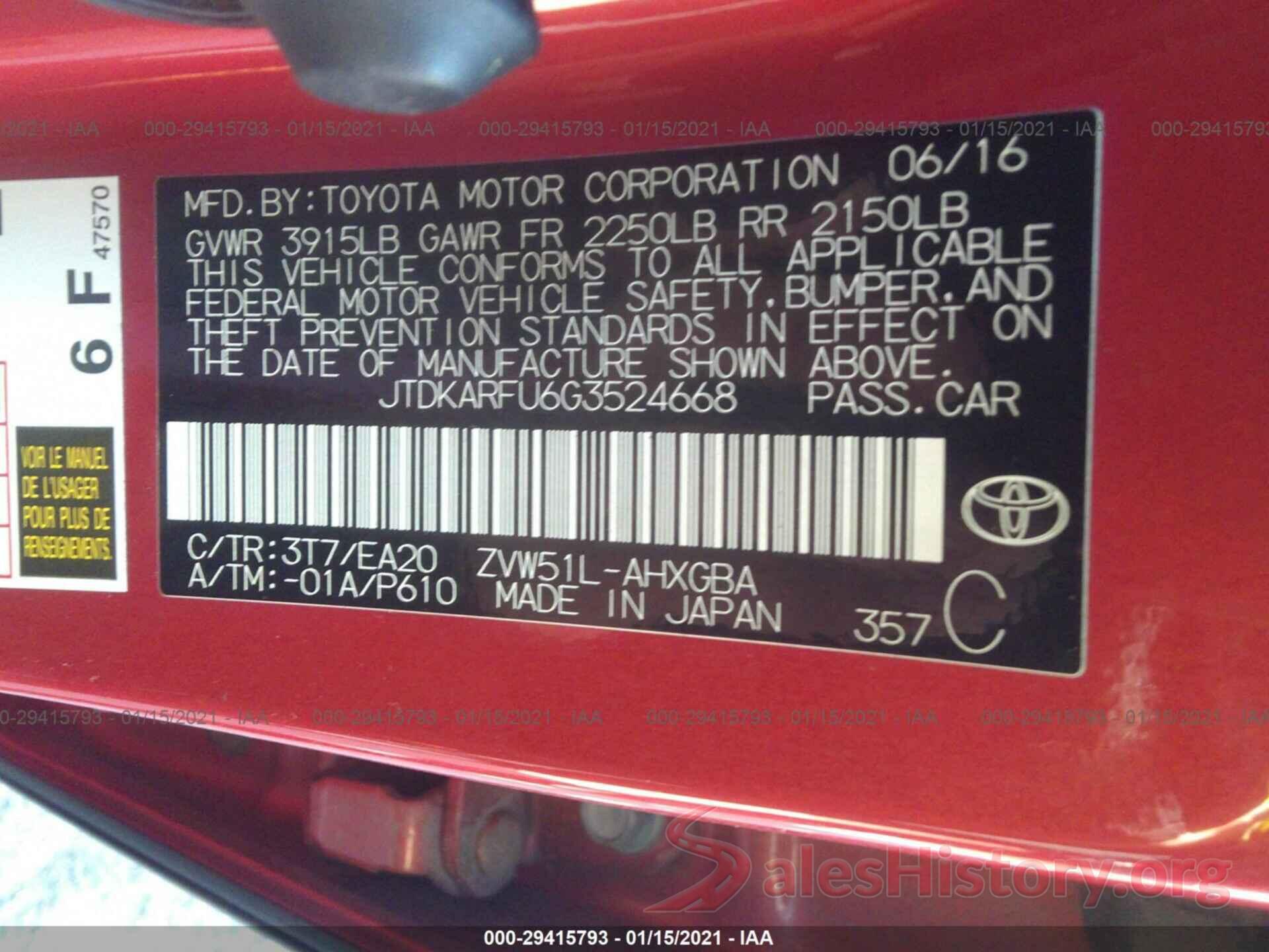 JTDKARFU6G3524668 2016 TOYOTA PRIUS