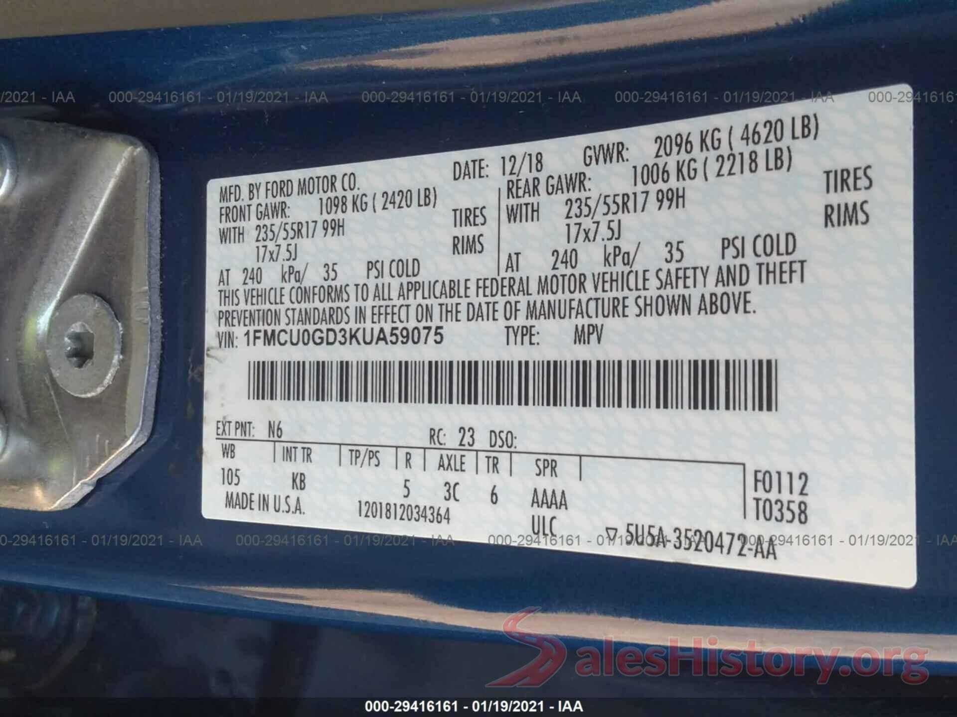 1FMCU0GD3KUA59075 2019 FORD ESCAPE