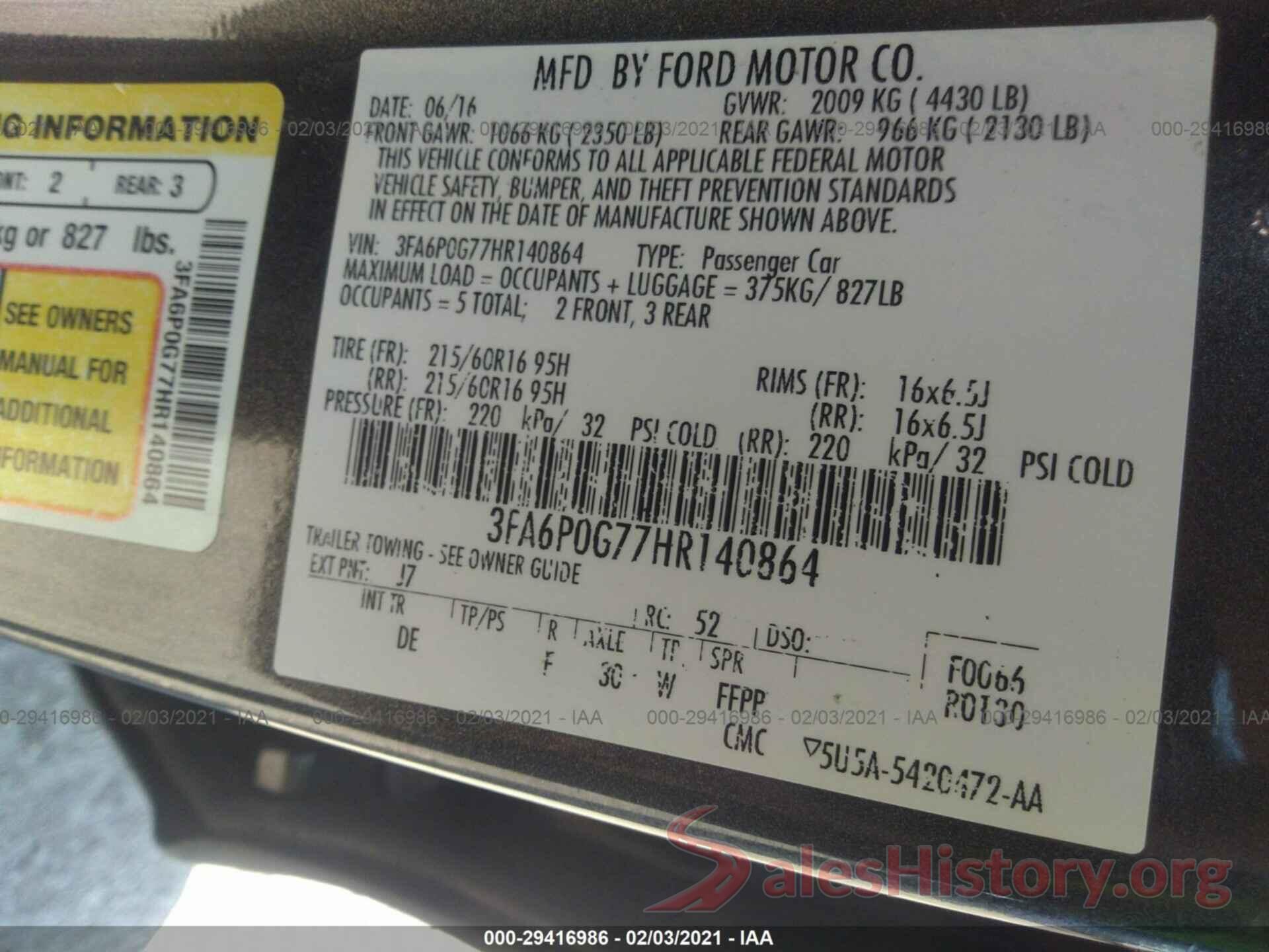 3FA6P0G77HR140864 2017 FORD FUSION