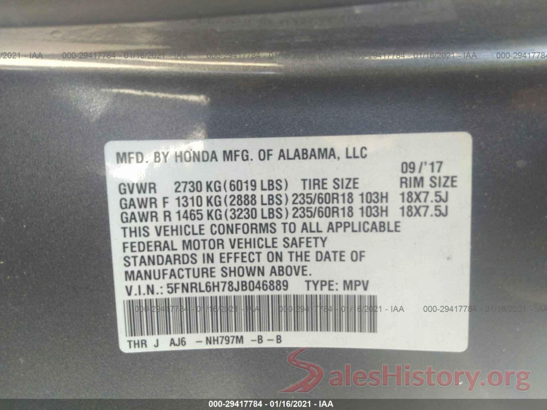 5FNRL6H78JB046889 2018 HONDA ODYSSEY