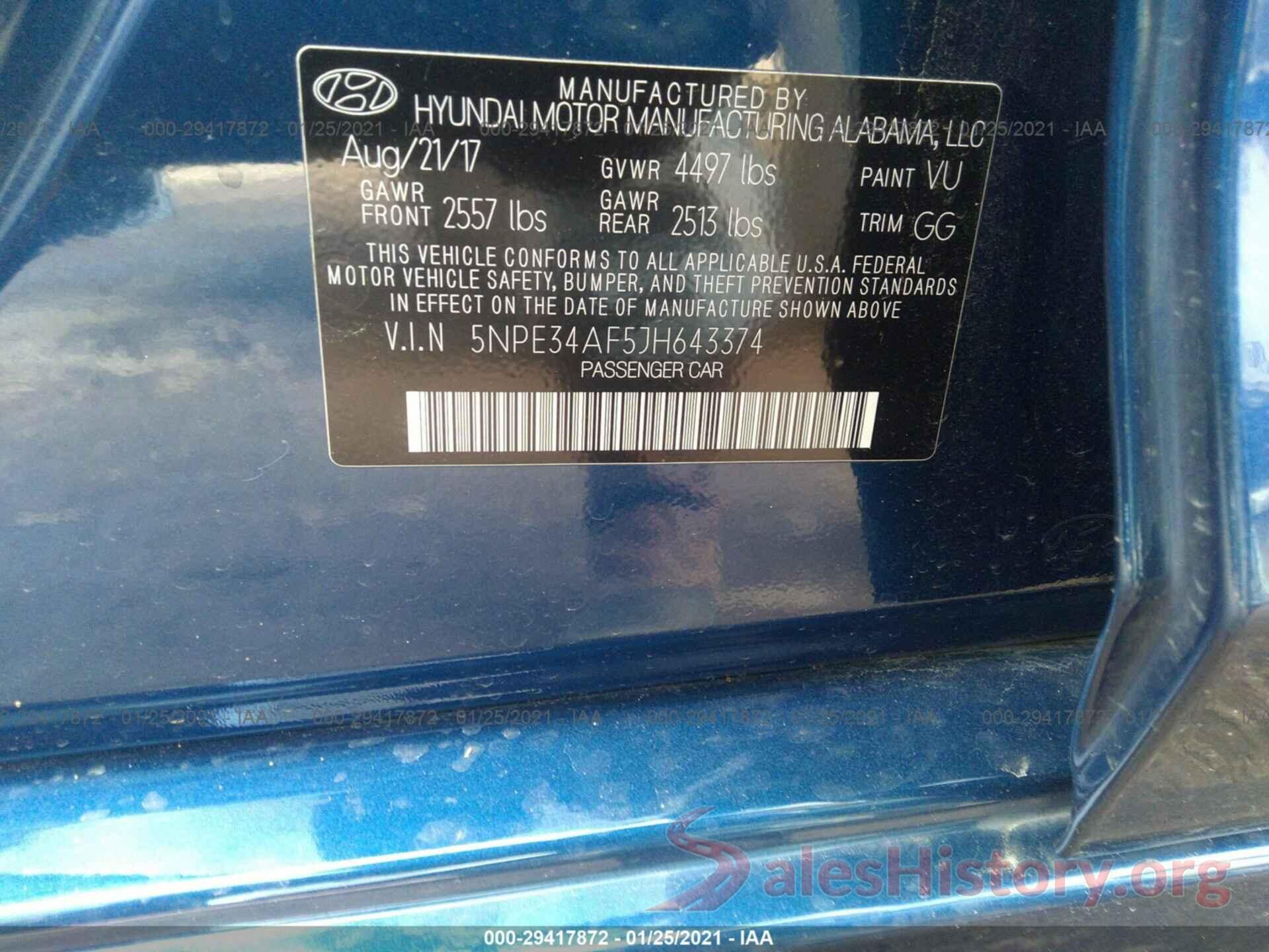 5NPE34AF5JH643374 2018 HYUNDAI SONATA